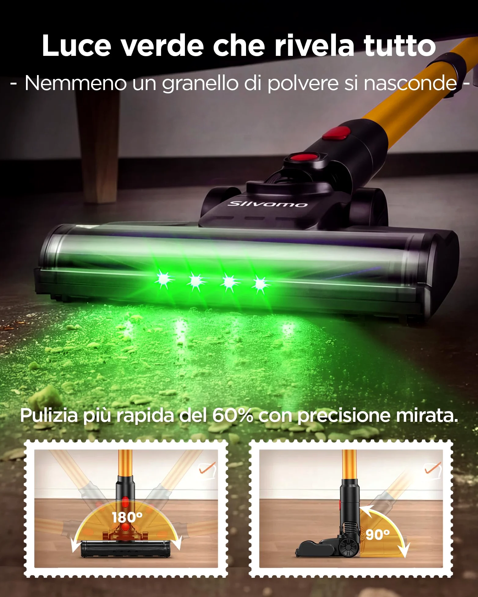 S16 Aspirapolvere Senza Fili, 50kPa/600W/45min, Batteria Rimovibile, Scopa Elettrica Leggero con Luce LED Verde, Autoportante, per Peli Di Animali/Pavimenti Duri, Arancione