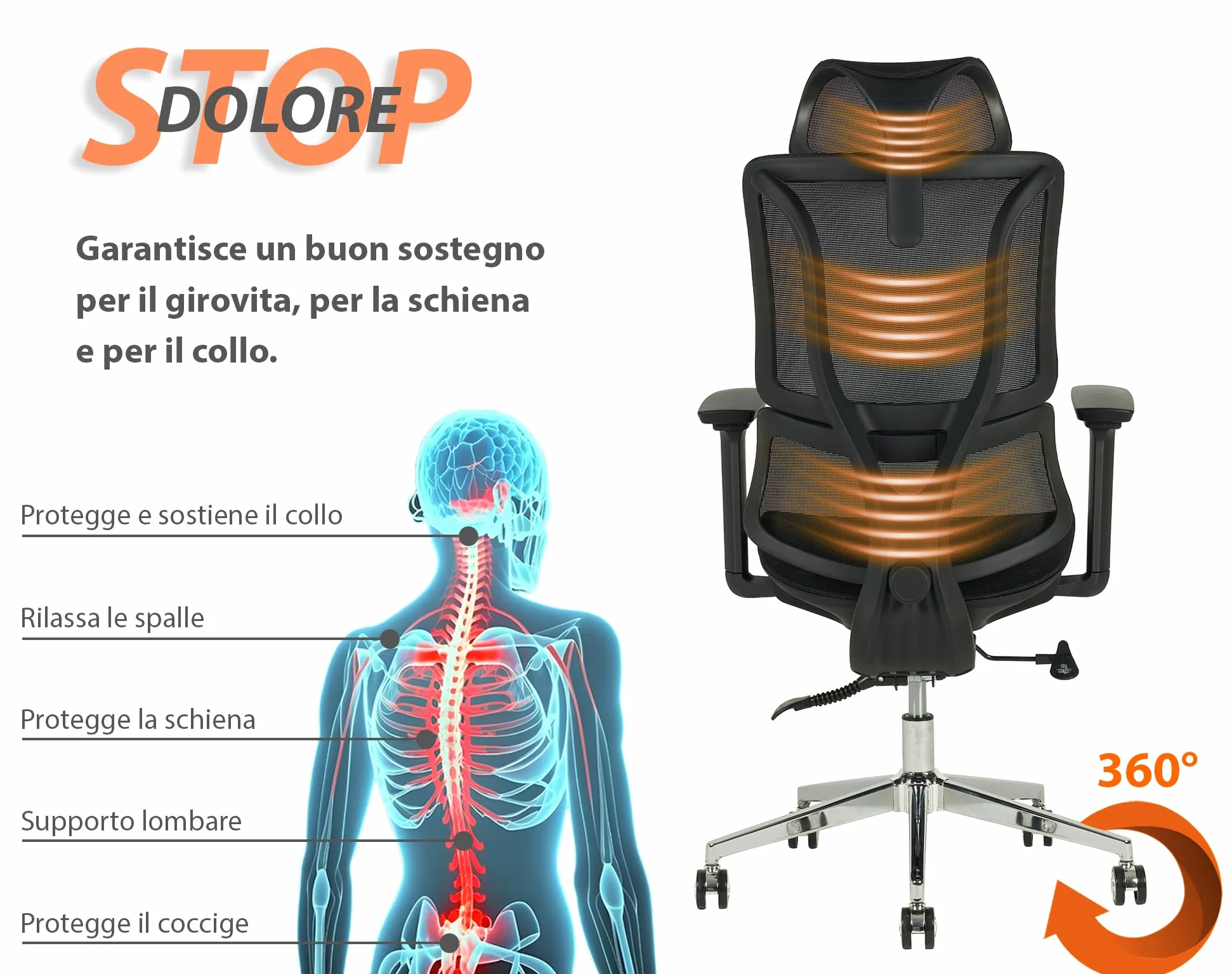 IlGruppone Sedia Ufficio Ergonomica Professionale Schienale Alto in Rete Gaming Poltrona Direzionale Altezza Regolabile Portata 150 kg con Supporto Lombare e Braccioli Regolabili - Nero