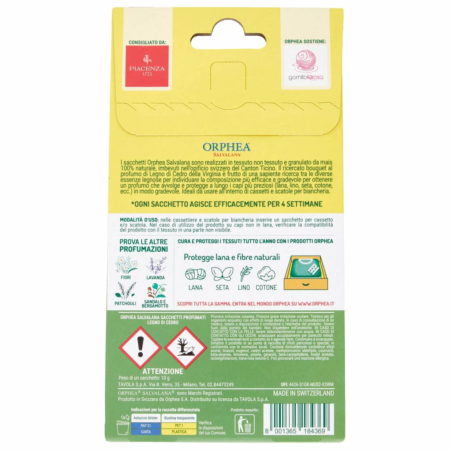 Orphea Salvalana, Sacchetti per Cassetti e Armadi, Per Lana e Vestiti Tutta la Stagione, Profumo di Legno di cedro, 3 Sacchetti in Carta di Canapa