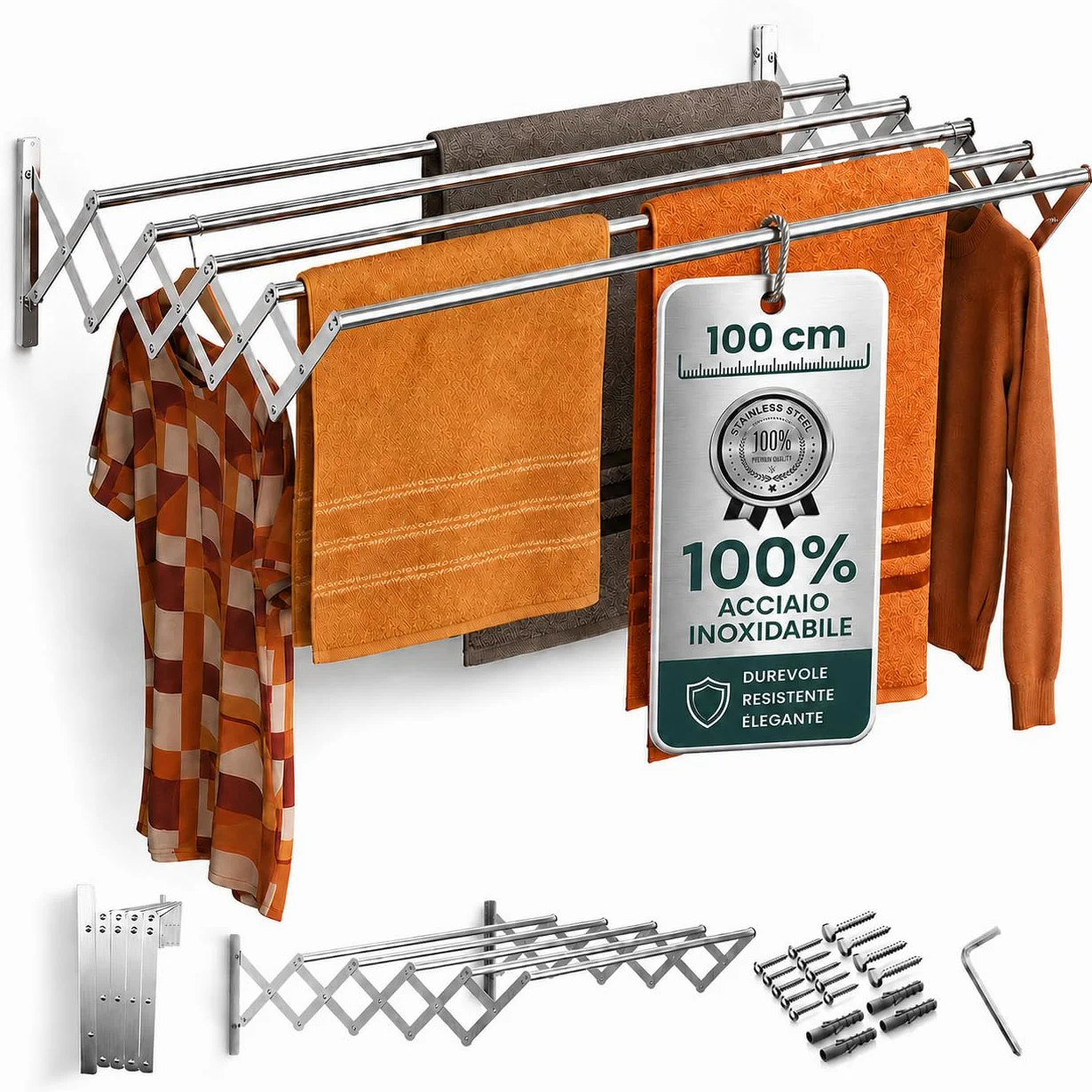 Stendino da Parete 100 cm Acciaio Inossidabile, Stendibiancheria a Scomparsa 25 kg