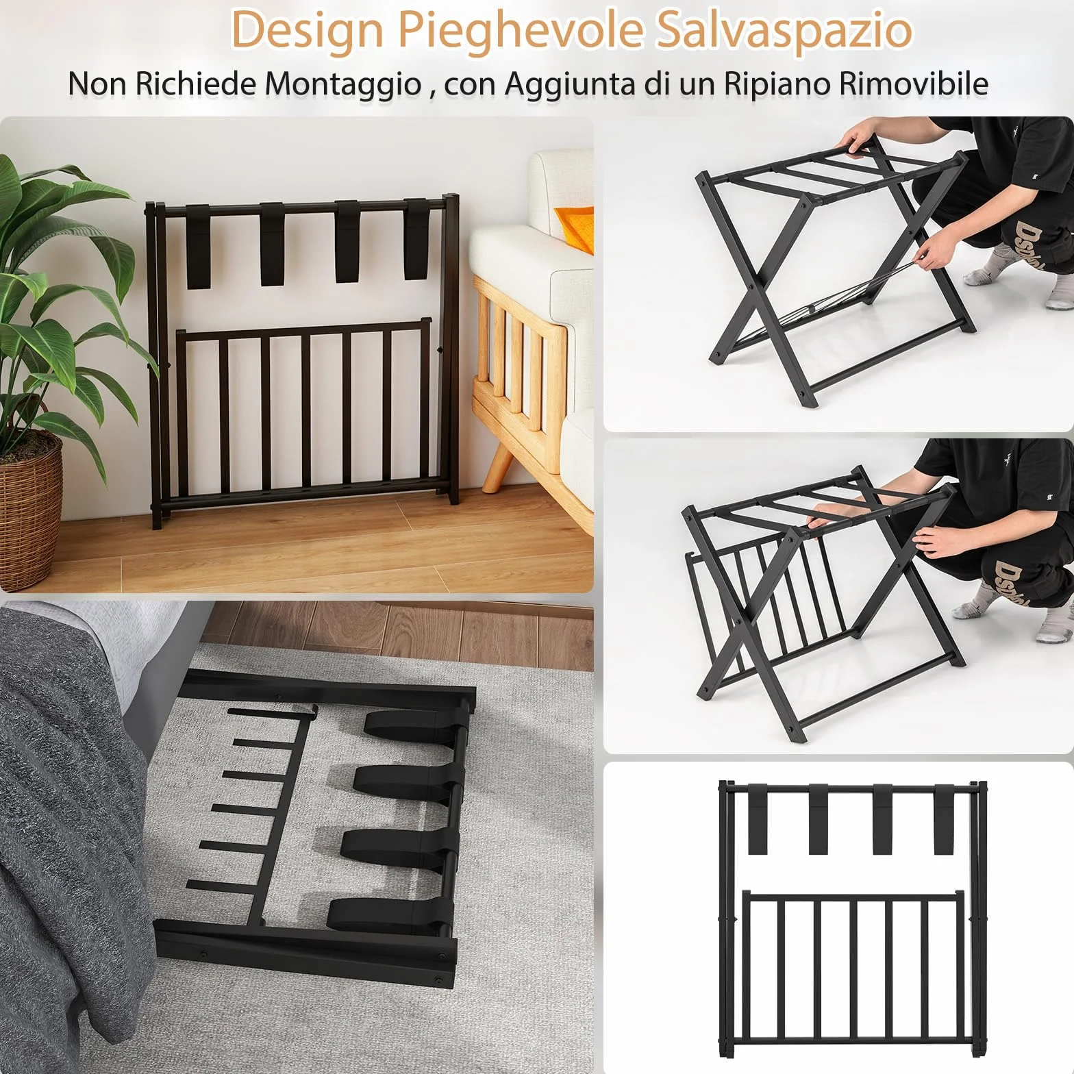 SOARS Portavaligie Pieghevole in Metallo 2 Pezzi 68x45x57 cm Cavalletto Reggivaligie Multiuso con 2 Ripiani Portata 80 kg Nero