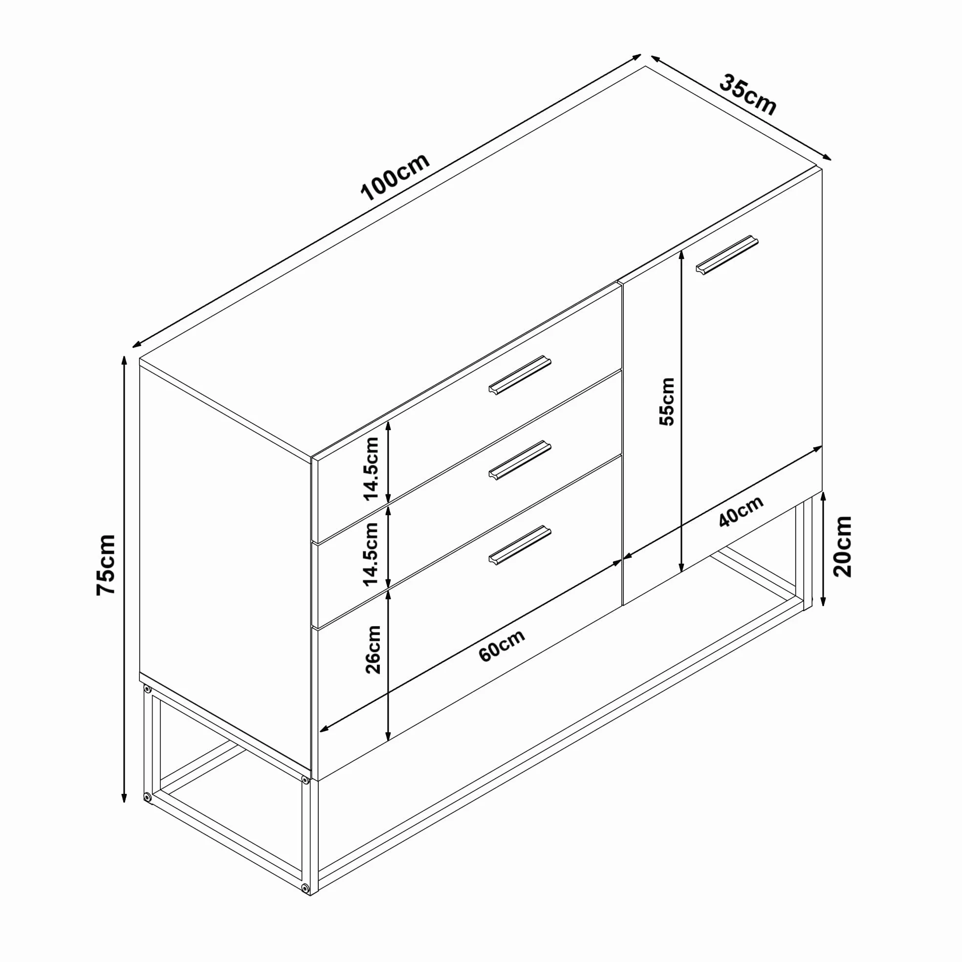 [en.casa] Comò con Anta e 3 Cassetti Armadio Basso Mobile Contenitore per Soggiorno Ingresso con Telaio in Metallo 75 x 100 x 35 cm Dorato/Effetto Marmo Bianco