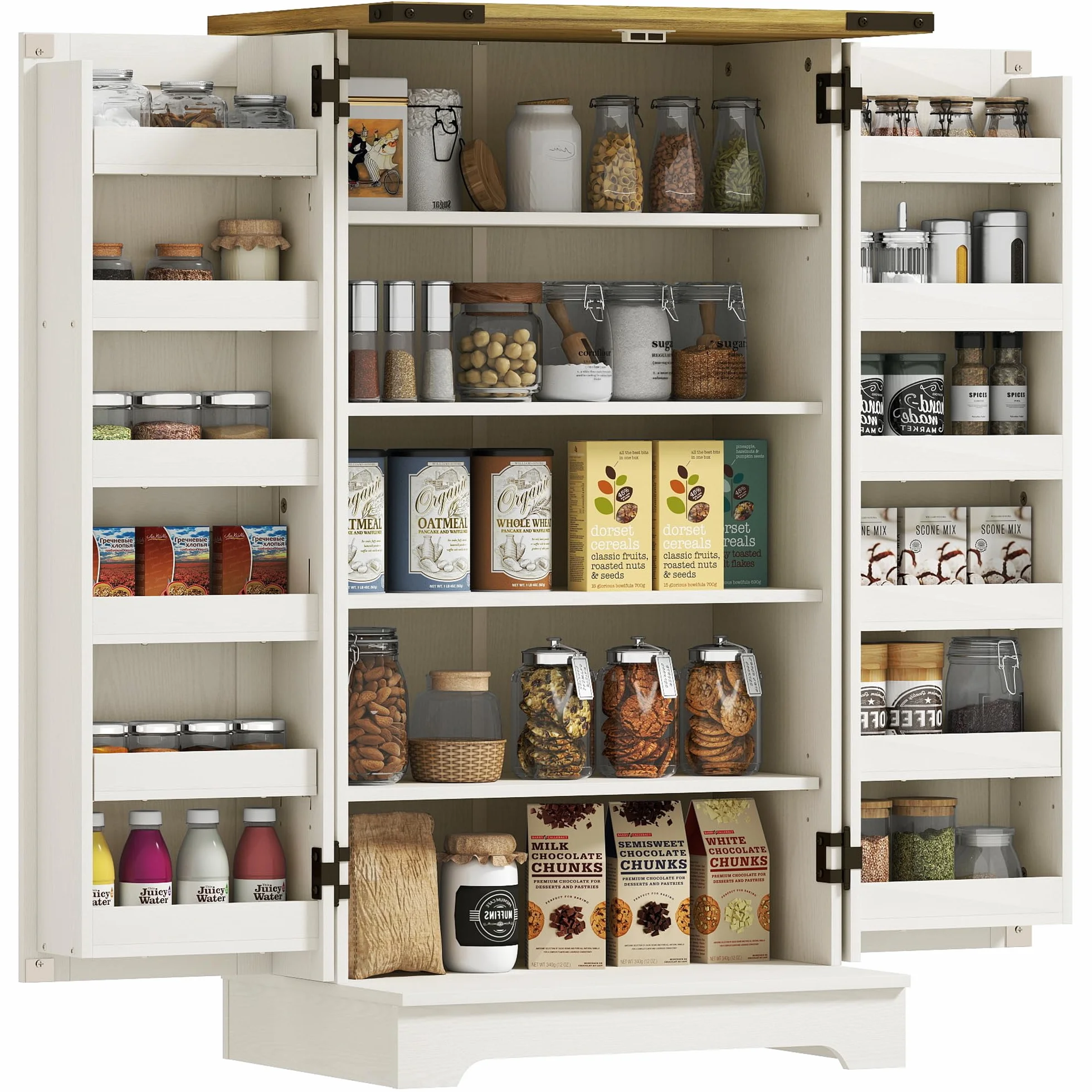 HOMCOM Armadio dispensa cucina armadio da cucina con 2 ante e 16 ripiani dispensa rustica con ripiano regolabile per sala da pranzo soggiorno 60x40x104 cm crema