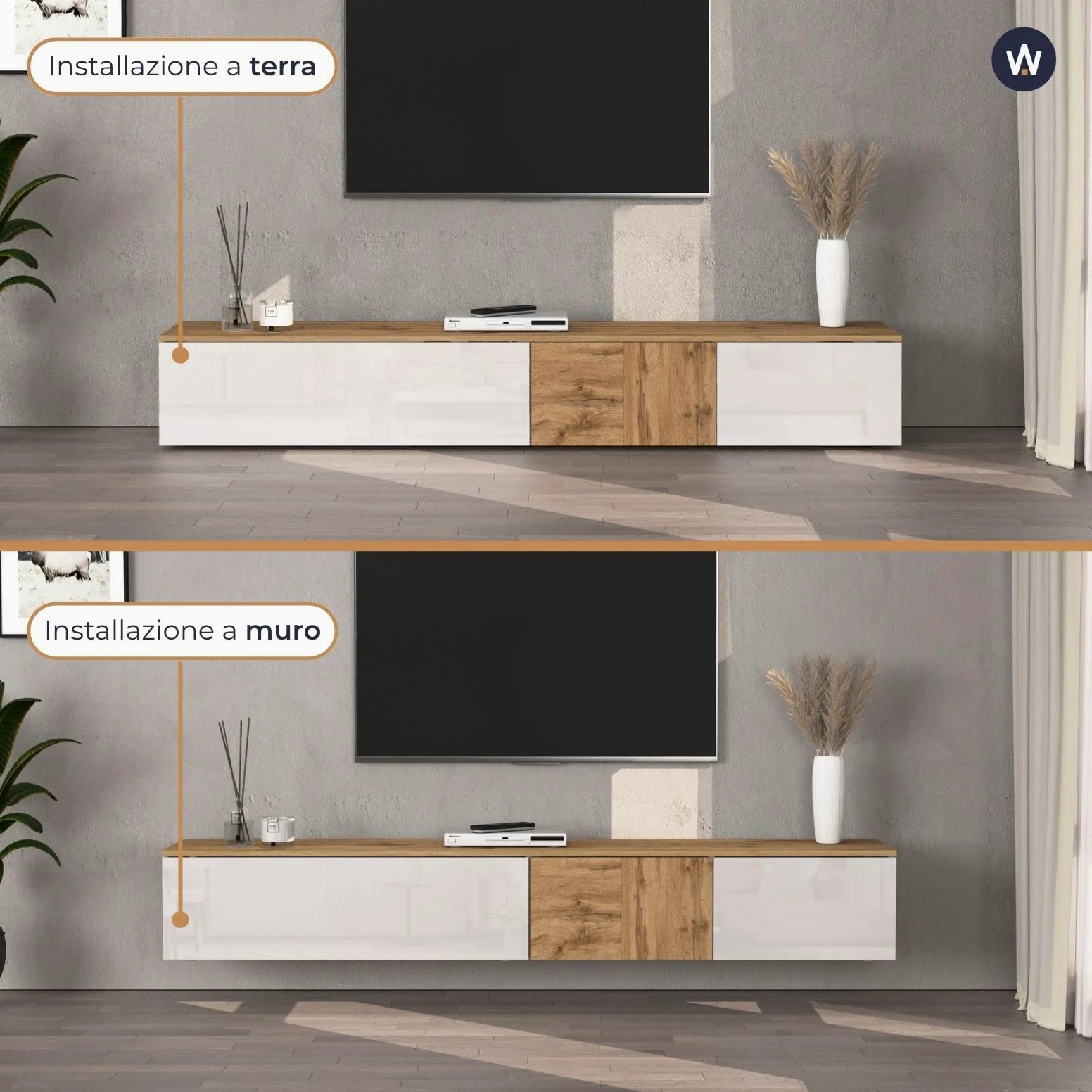 WHOUS Mobile Porta TV Sospeso ISEO per Soggiorno con 2 Ante e 1 a Ribalta, Mobile Tv a Parete per Salotto, 200x35x30 cm, Bianco Lucido e Rovere