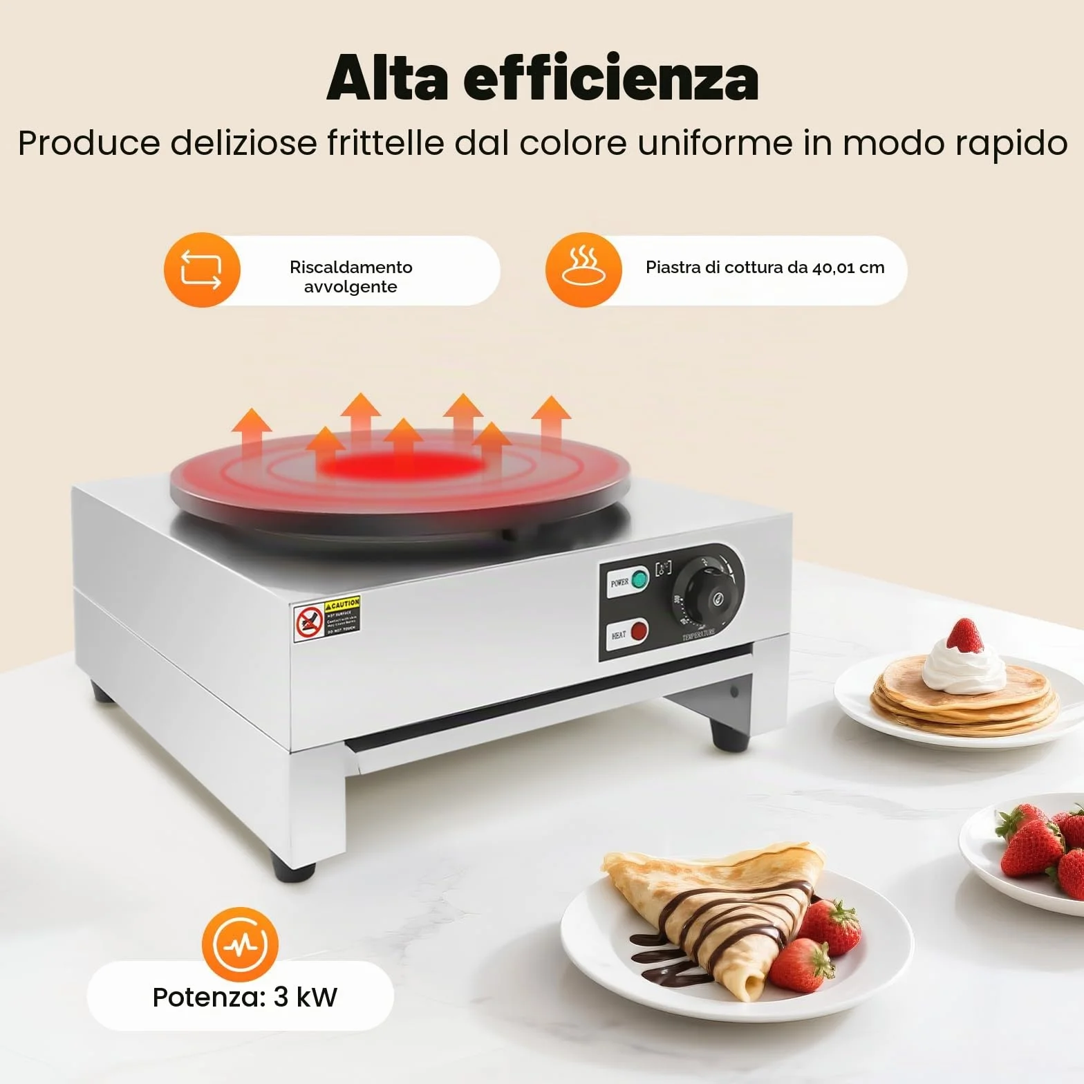Crepe maker elettrico 40 cm 3 KW 50-300 °C vassoio estraibile termostato integrato