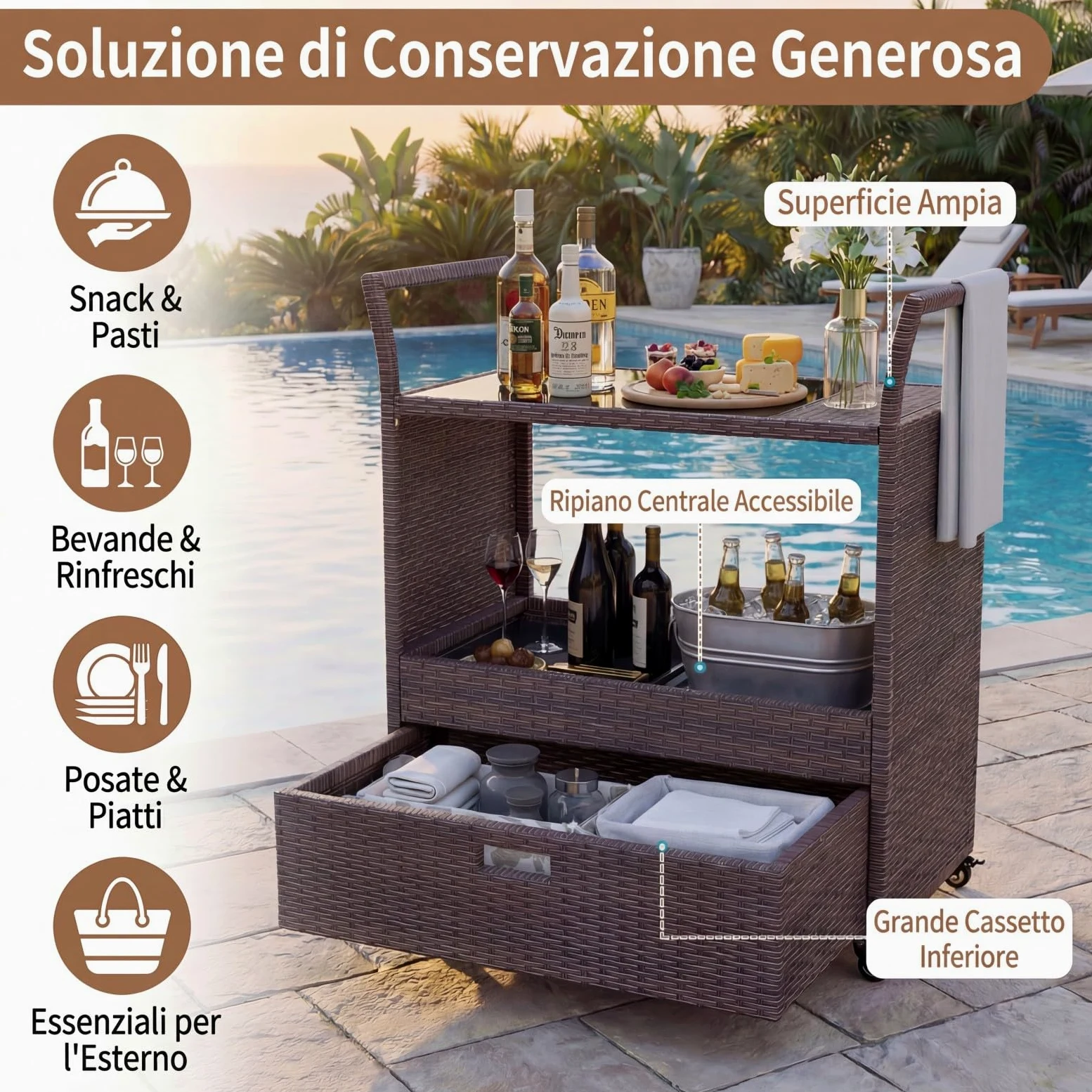 SOARS Carrello Bar in Rattan PE, Tavolo Bar da Esterno con Ruote, Ripiano Aperto, Cassetto e Piano in Vetro Temperato, Carrello di Servizio con Maniglie per Giardino, Cortile, Piscina, 85 X 47 X 92 CM