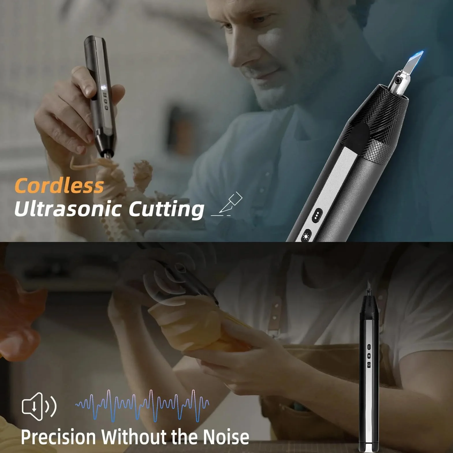 Fafeicy Cutter Ad Ultrasuoni 40kHz con Luce LED 3 Modalità di Potenza 24pcs TIPS per Legno Pelle PVC Stampato 3D