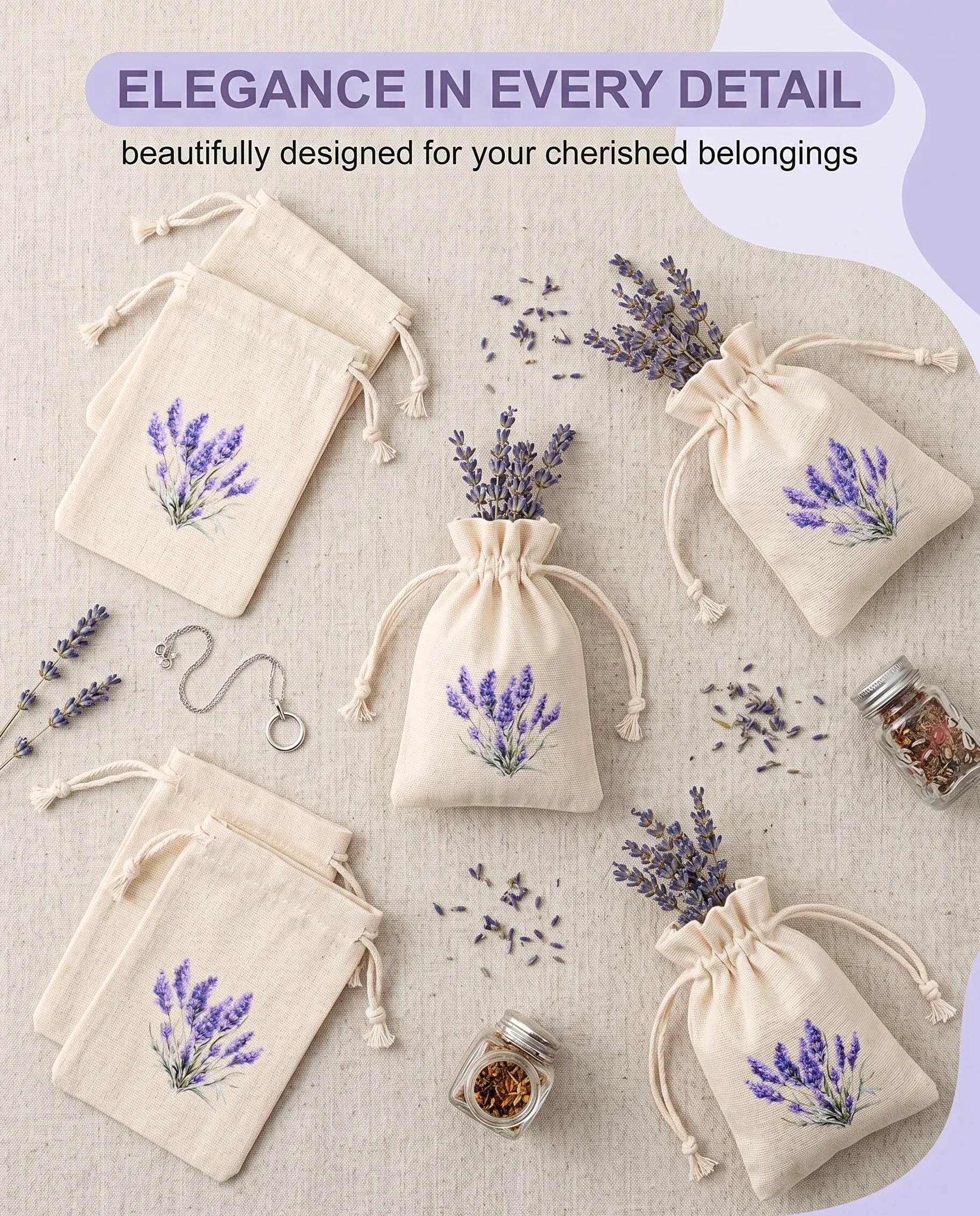 10 Pezzi Sacchetti Cotone per Lavanda Vuoti con Coulisse, Bustine Riutilizzabili per Armadio, Antitarme & Profumo Fresco Biancheria