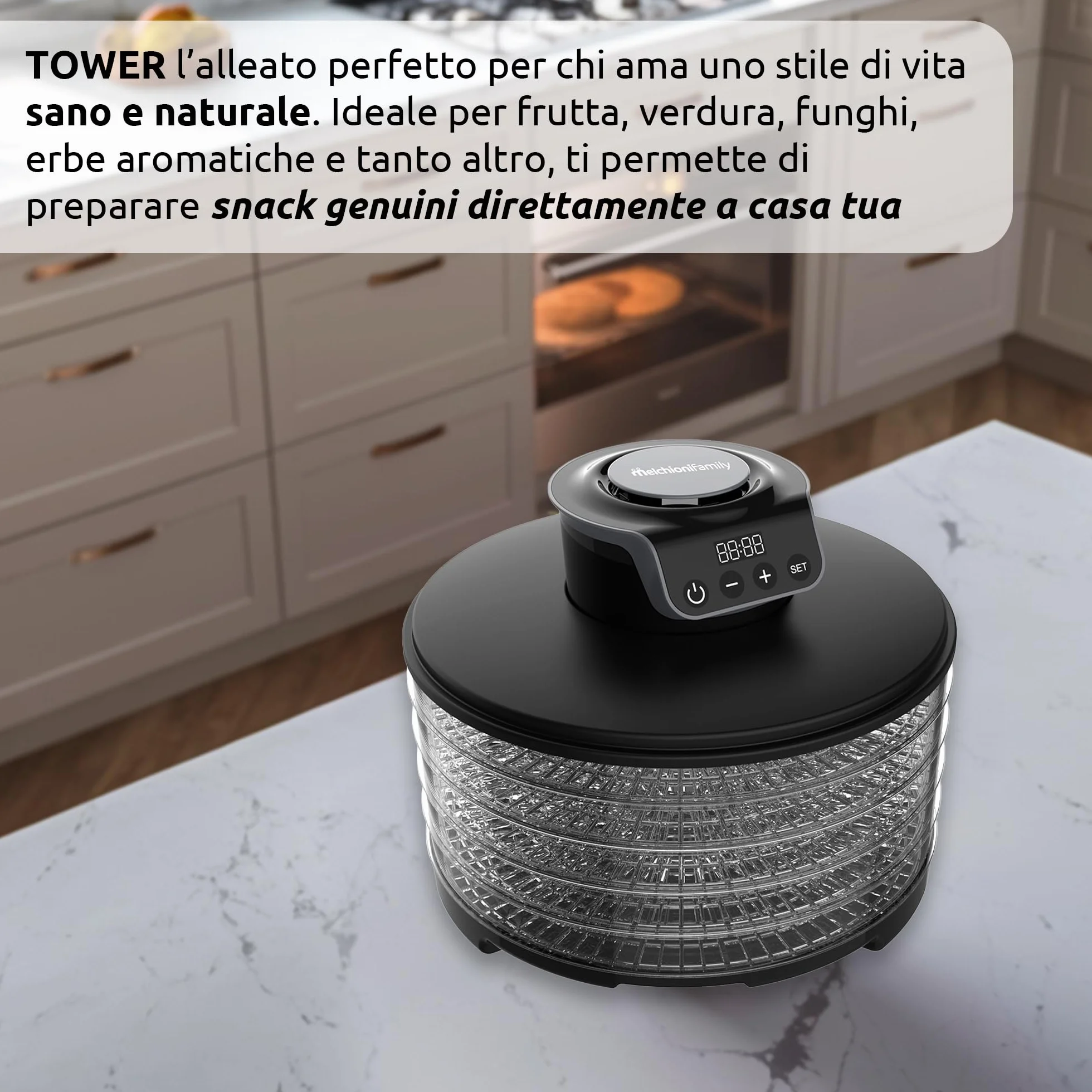 Melchioni Family | Essiccatore digitale TOWER, 5 ripiani regolabili, essiccazione di frutta, verdura, funghi 250W Alimentazione: 220-240V ~ 50/60Hz