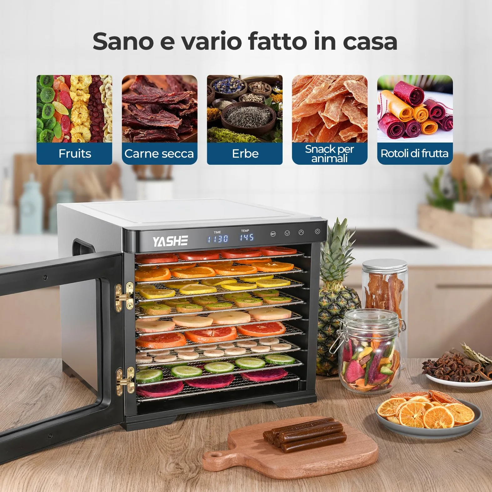 Essiccatore Alimentare in Acciaio Inox, Regolazione Precisa della Temperatura (35-75°C), Timer di 48 Ore, 9 Vassoi in Acciaio Inox, 2 Setacci in Rete, 1 Vassoio per Rotoli di Frutta, 1000W