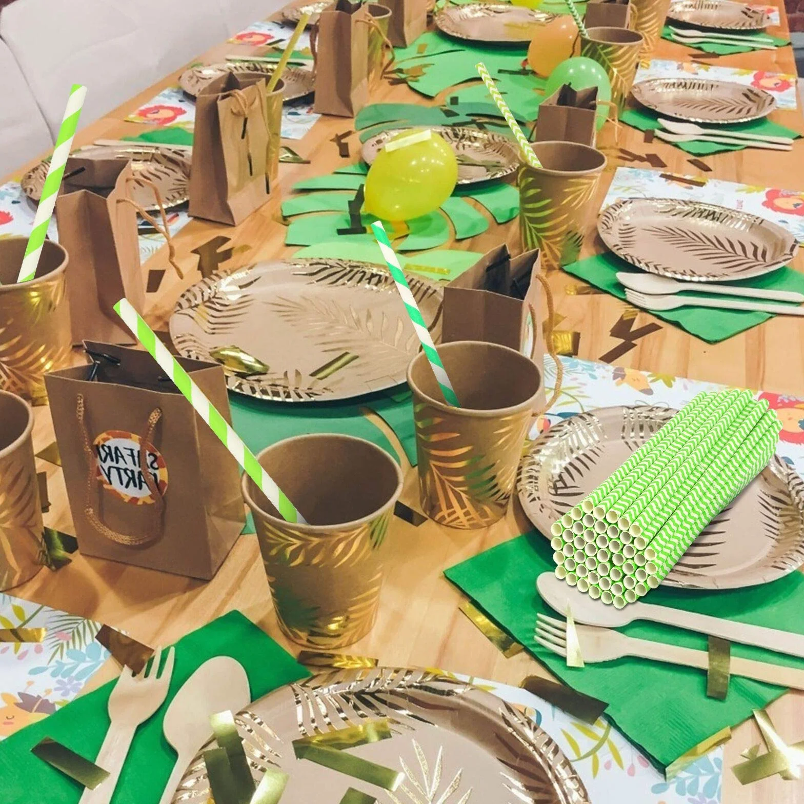 200 cannucce di carta verdi a righe, cannucce per feste, per feste a tema dinosauro, decorazione per bambini, compleanni, succhi di frutta (verde, 4 stili)