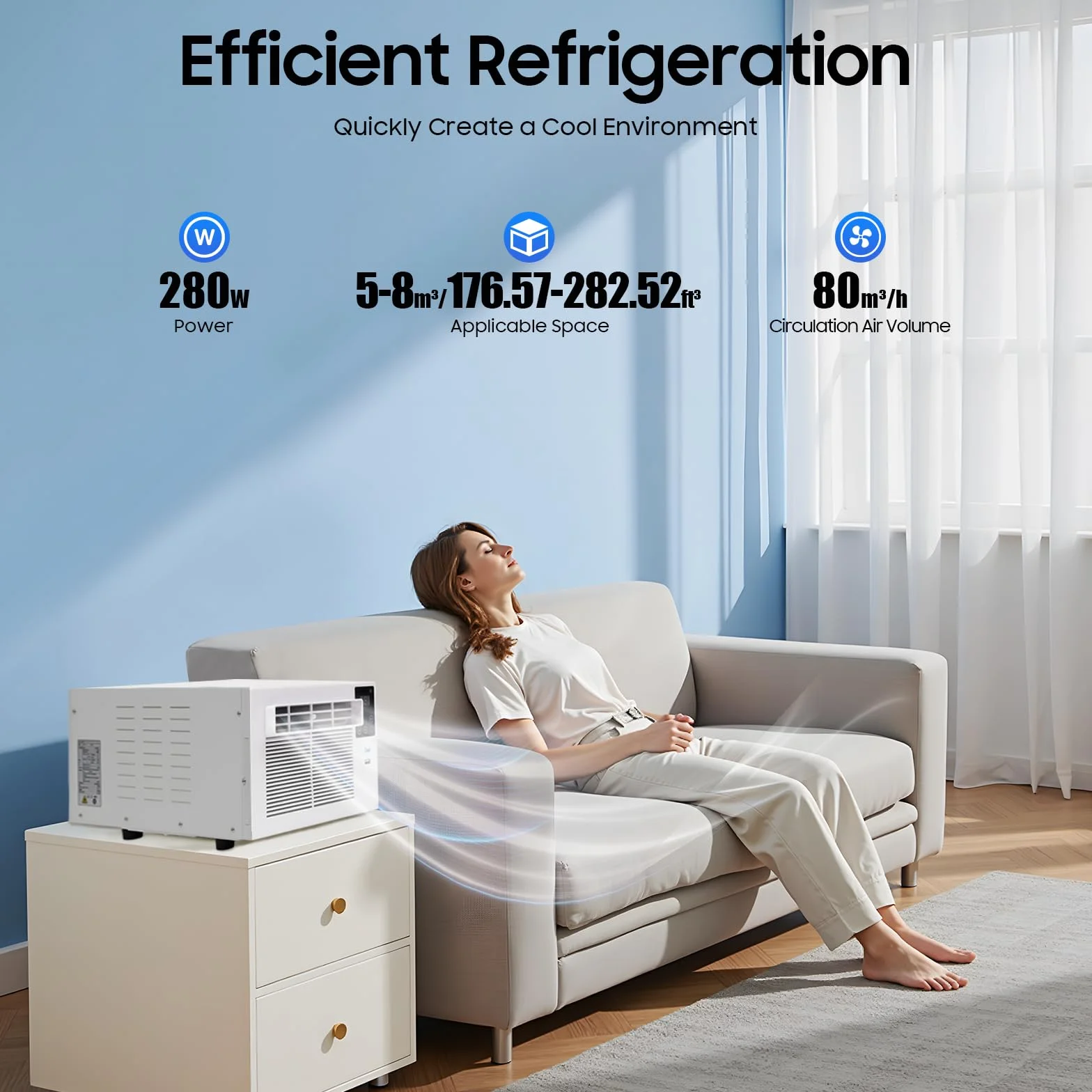 Mini condizionatore d'aria 280 W da asporto, dispositivo di raffreddamento intelligente con ventola regolabile e timer, adatto per camere da letto e piccoli spazi