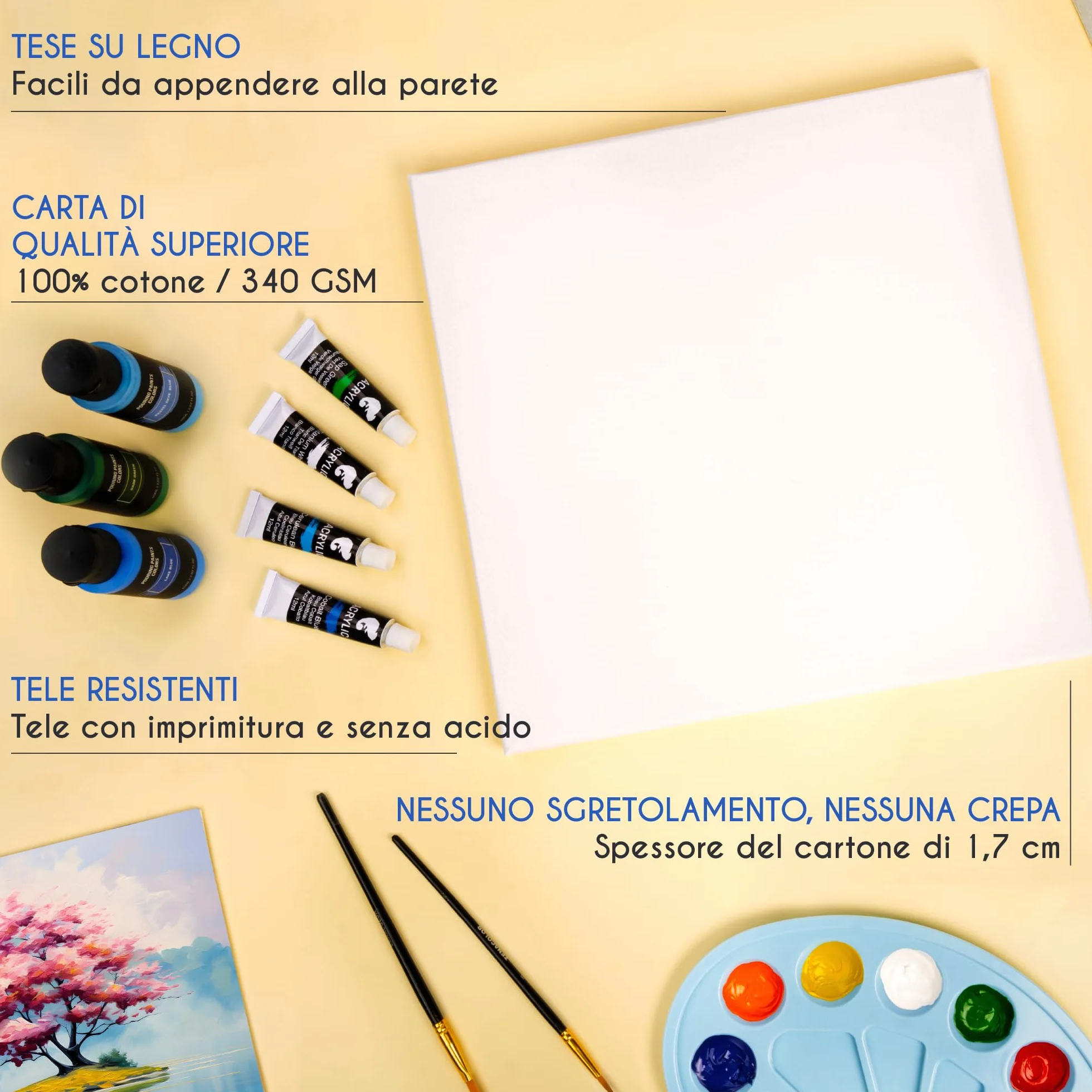 Zenacolor Set di 5 Tela per Dipingere 50x70 - Telaio di Legno 100% Cotone 340GSM - Tele Grandi Dimensioni per Artisti