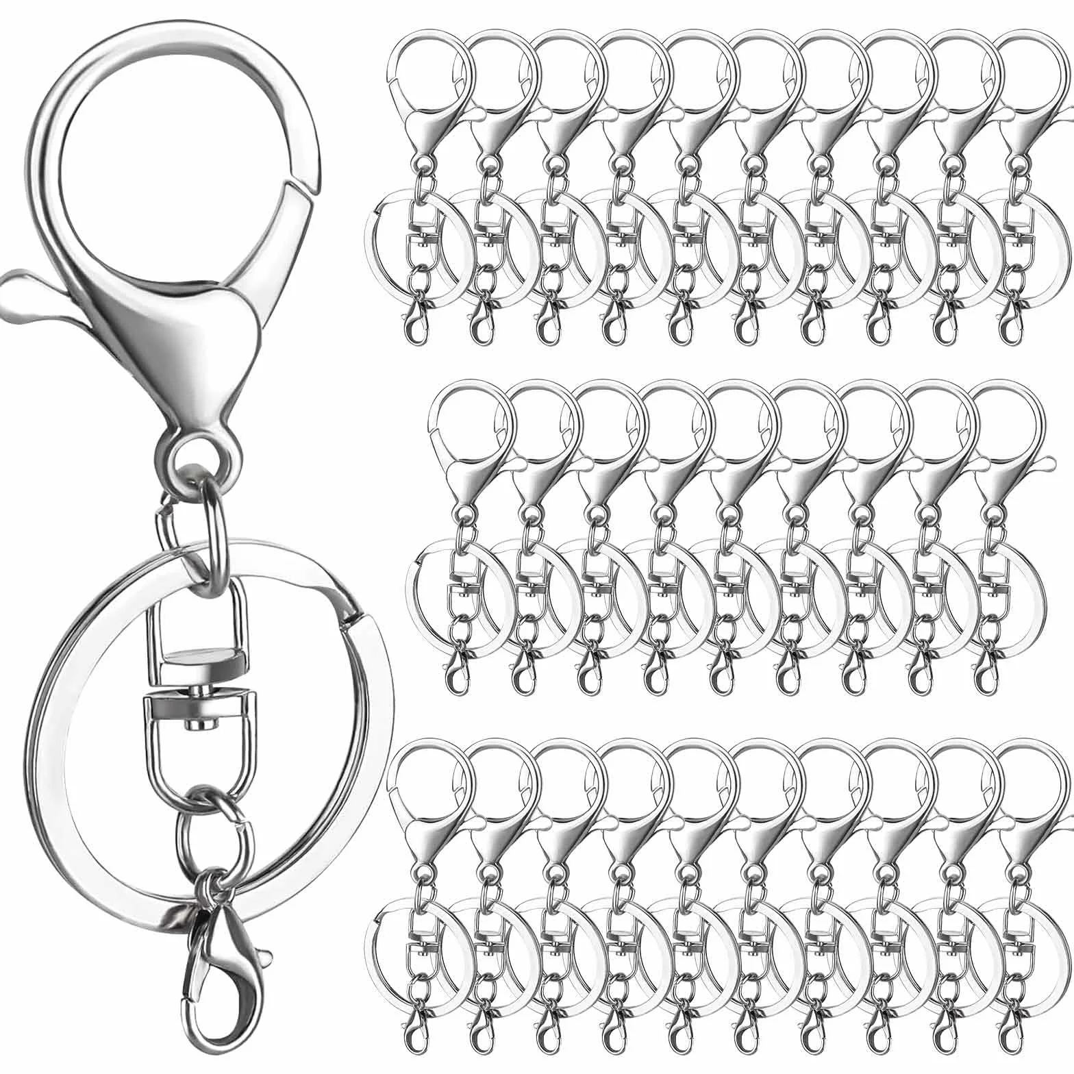 30 Pezzi Chiusure a Moschettone Girevoli,Keychain Porta Chiavi per Chiavi in Metallo con Clip Girevole,Argento Anelli Portachiavi con Catenella per Gioielli Moschettoni Portachiavi Fai Da Te