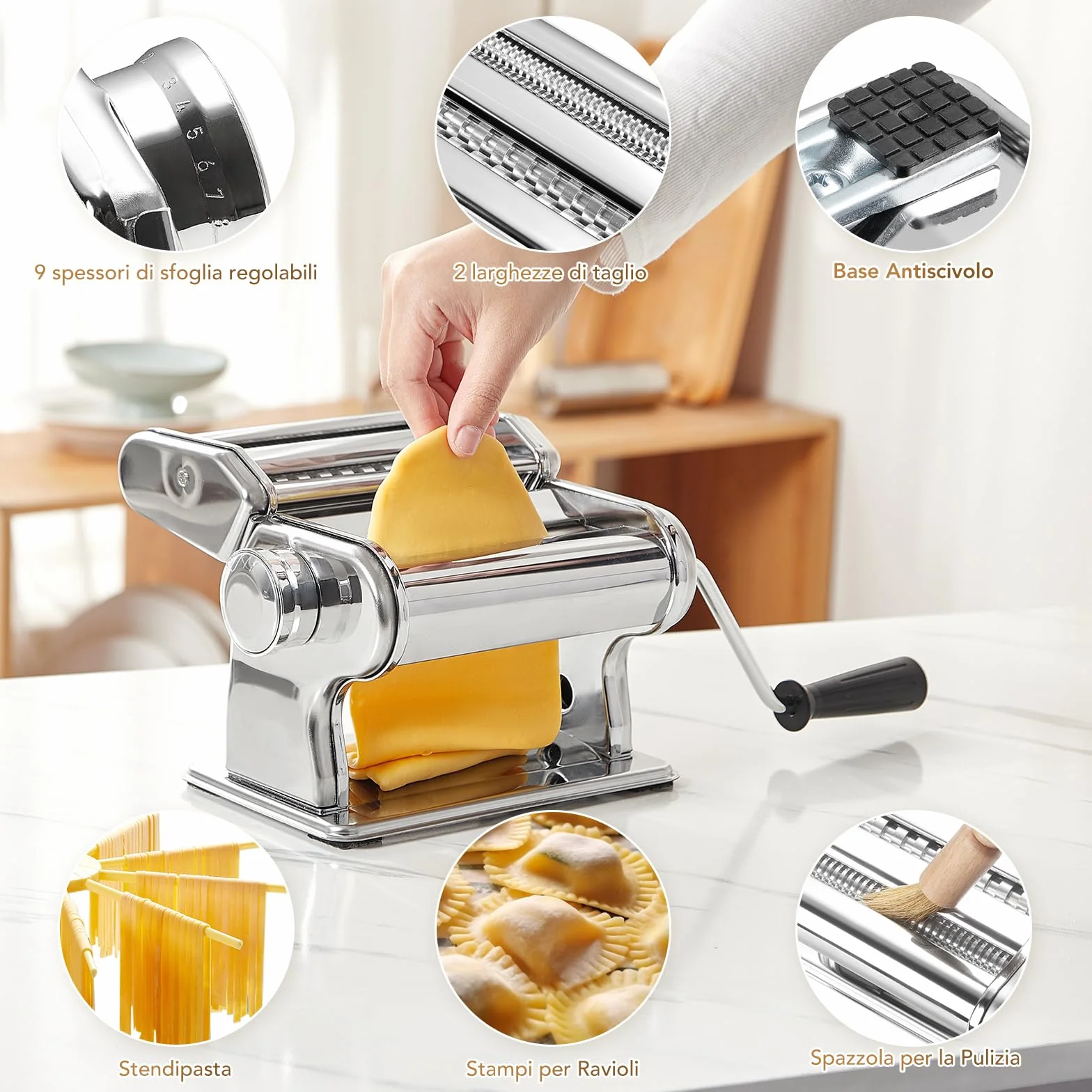 ROSSETTO Macchina per la pasta manuale in acciaio inox 9 spessori regolabili 2 larghezze taglio per lasagne spaghetti fettuccine ravioli