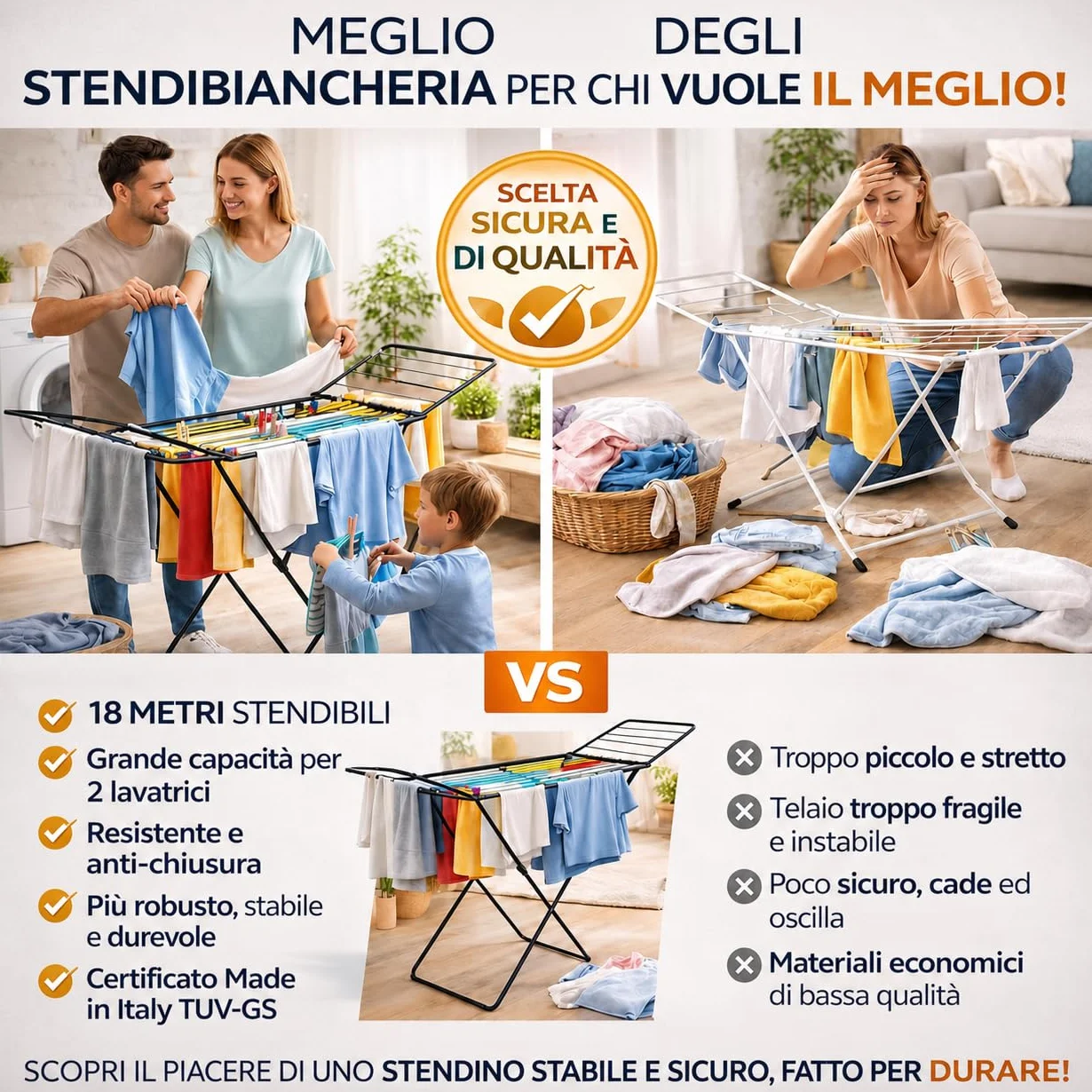 AGRICOLA GIRALDI Stendibiancheria da Pavimento, UNICO NEL SUO GENERE, 18 METRI DI STENDITURA, in Acciaio - Stendino Pieghevole con Piedini Antiscivolo, Sistema Anti-Chiusura, BLACK