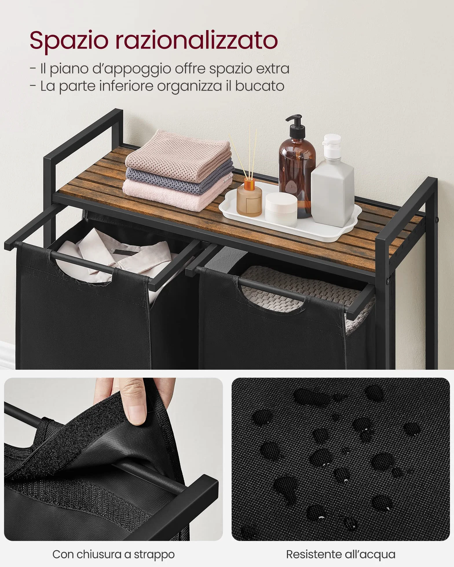 VASAGLE Cesto Portabiancheria 2 Sacchi Rimovibili Metallo 2x46L 73x33x72 cm Nero Inchiostro Marrone Vintage
