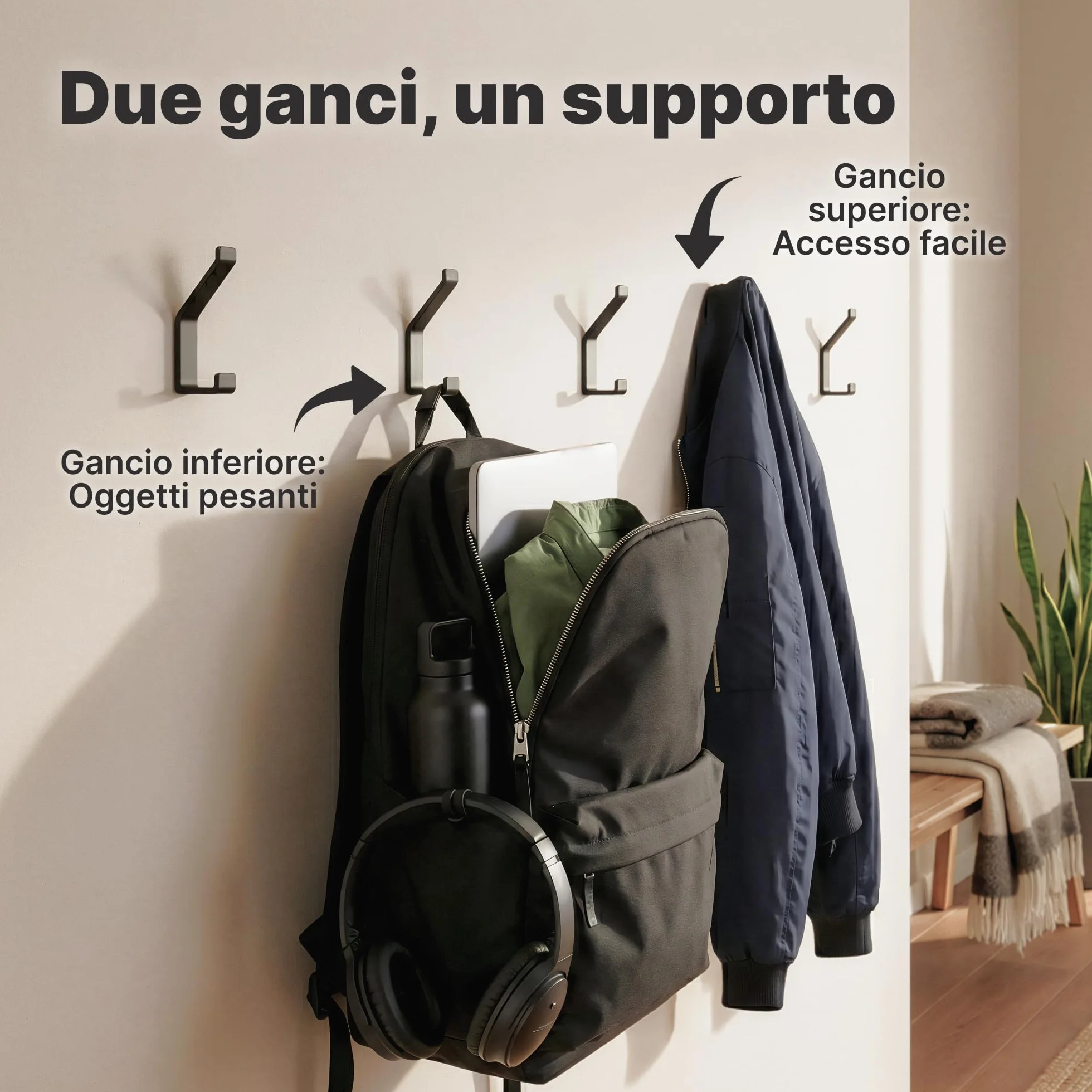 Appendiabiti da Parete Doppio Gancio 6 Pezzi Alluminio Nero