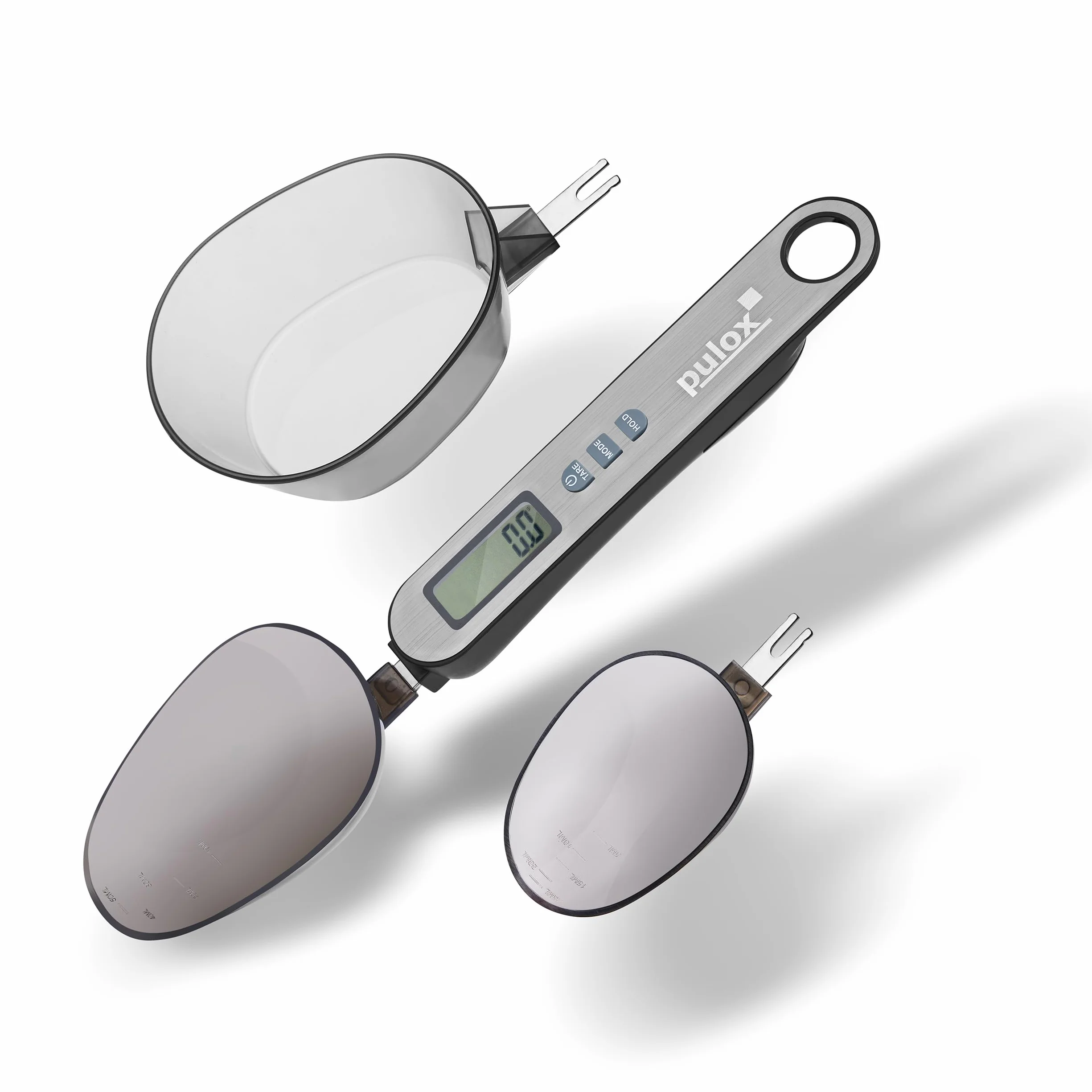 Pulox Bilancia da cucchiaio PLW-200 con tre cucchiai da 25 ml, 45 ml e 180 ml da 0,1 g, portata fino a 500 g, bilancia da cucina digitale, bilancia fine