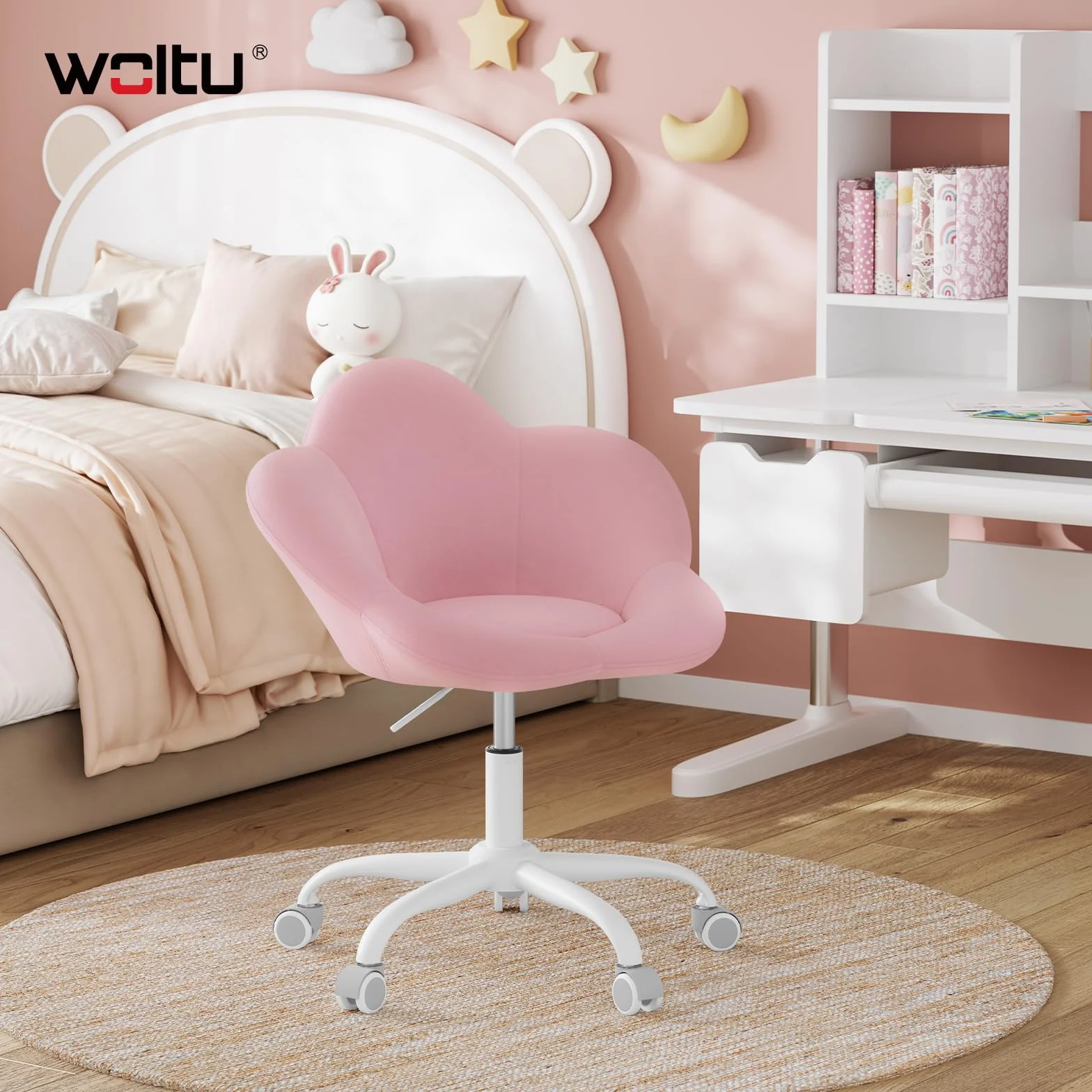 WOLTU Sedia da Scrivania per Bambini, Sedia Ufficio Ergonomica Girevole e Regolabile in Altezza con Rotelle, Seduta a Forma di Fiore per Studio, Camera da Letto, Velluto, Rosa Pastello