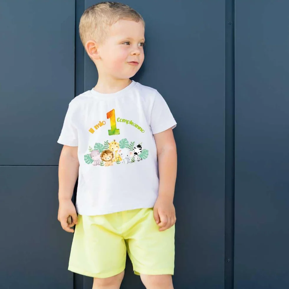 T-shirt cotone compleanno 1 anno giungla safari Bianco 1/2 anni