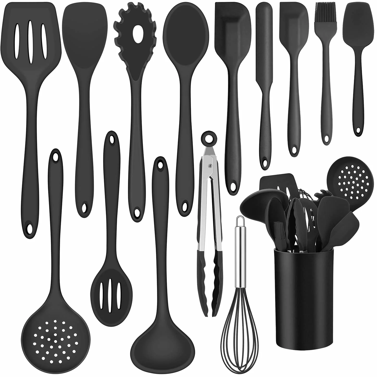 Joyfair 15 utensili da cucina in silicone resistente al calore con portautensili, antiaderenti, lavabili in lavastoviglie, colore: nero