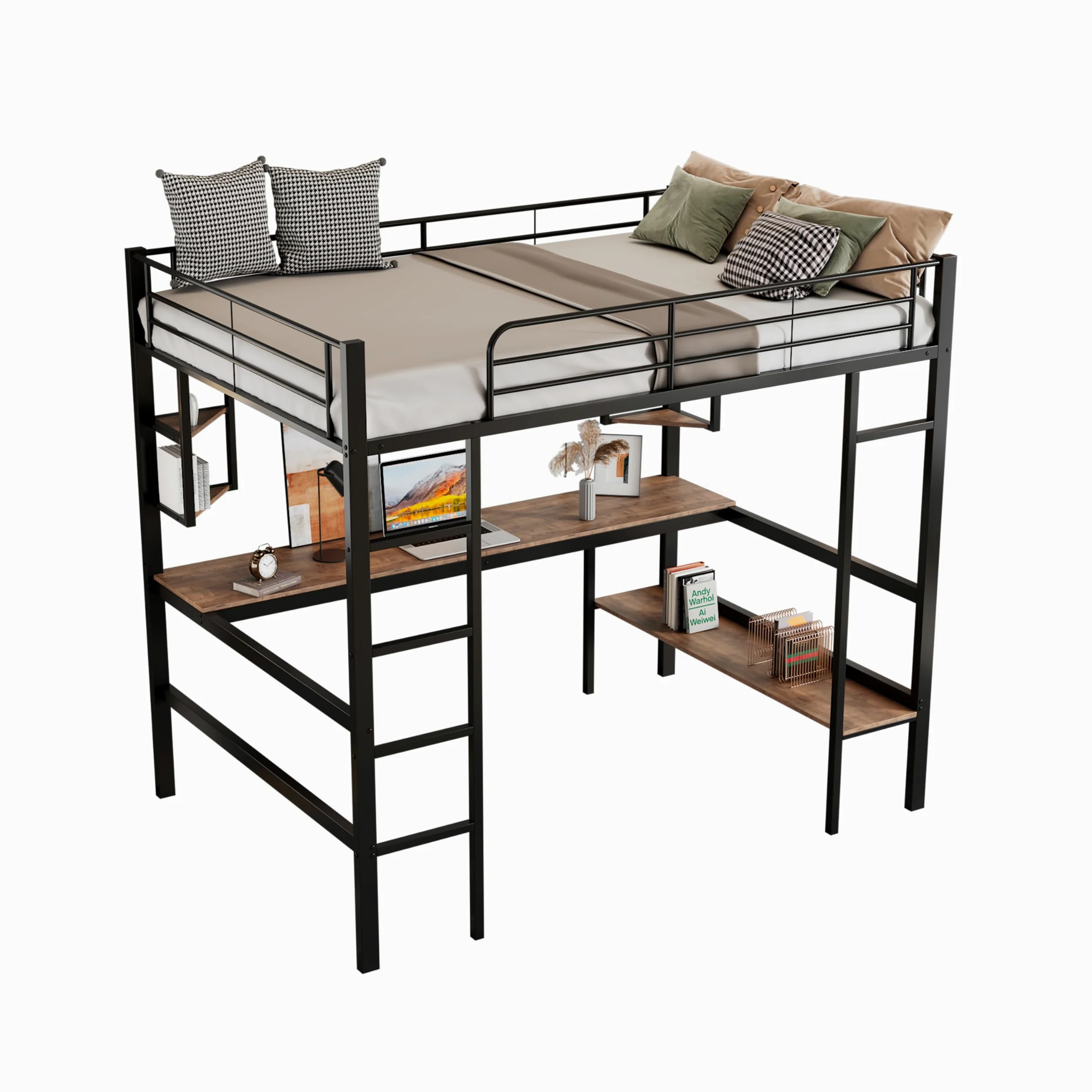 Azkoeesy Letto a soppalco in metallo, 90 x 200 cm, letto alto con scrivania 200 cm, scaffale per libri, per adolescenti e adulti, colore nero (90 x 200 cm)
