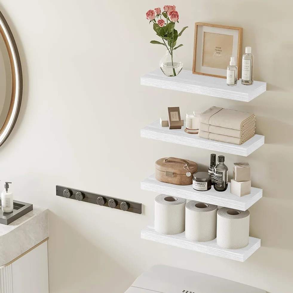 BAKAJI Mensole da Parete in Legno Massiccio 40x14x3 cm Bianco, Scaffali a Muro con Staffe a Scomparsa in Metallo