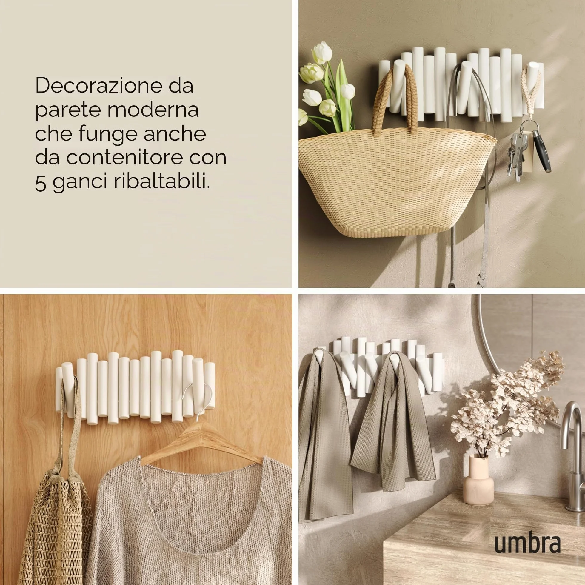 Umbra Picket 5 Appendiabiti da Parete Bianco Pino