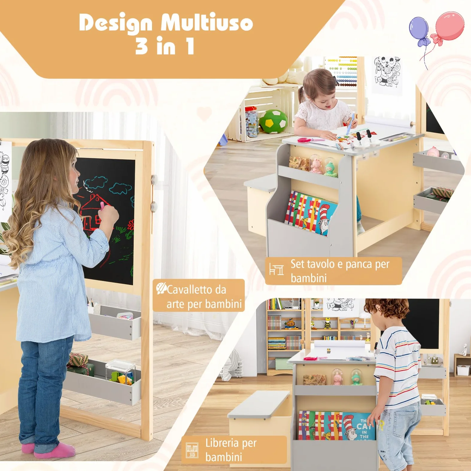 RELAX4LIFE Set Tavolo con Sedie 3 in 1, Cavalletto Regolabile/Scaffale/Scrivania/Lavagna Bianca/Lavagna Nera/Libreria con Tazze,Pennarelli,Gomma, Gessetti,114x81x100 cm (GRIGIO)