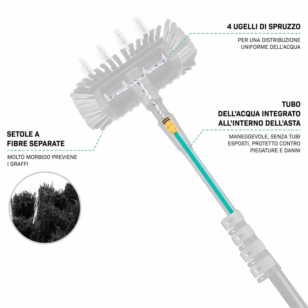 VONROC Spazzola telescopica- 4,60 m - Include spazzola multiuso, tubo flessibile da 6 metri e dispenser di sapone