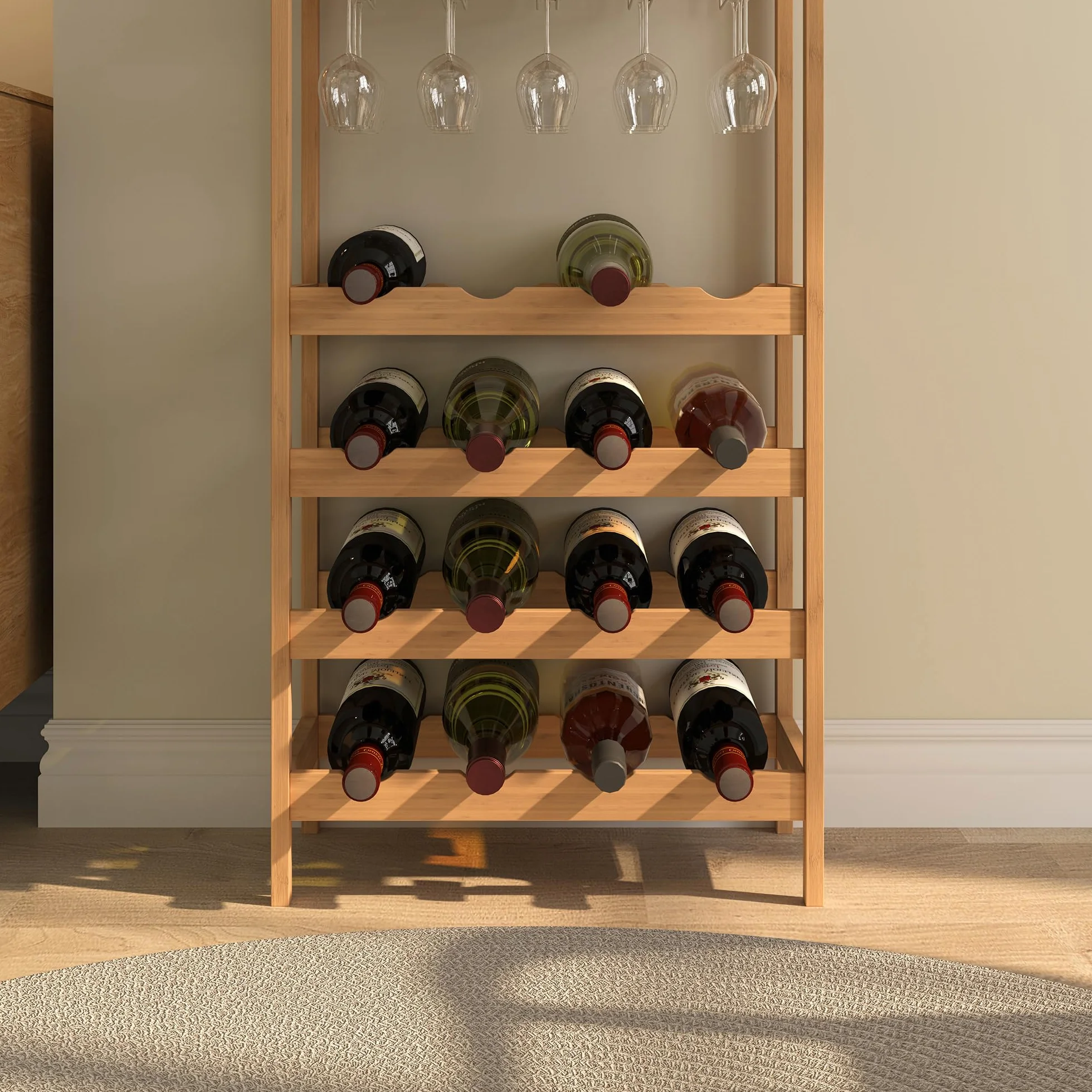 [en.casa] Cantinetta Mobile Portavino per 16 Bottiglie Scaffale Porta Bottiglie da Vino con Portabicchieri e Scomparto Aperto Soggiorno Sala da Pranzo 100 x 47 x 29 cm in Bambù Naturale