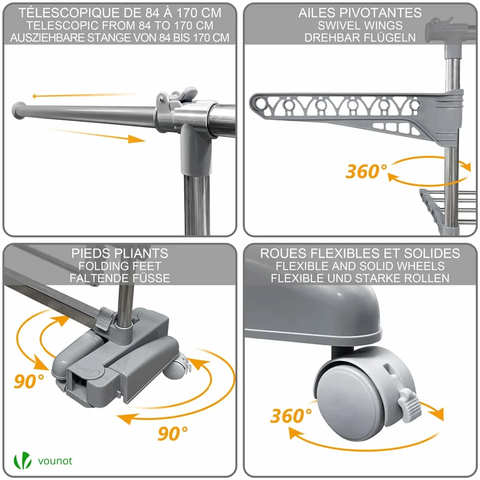 VOUNOT® Stendino Verticale a Torre, Stendibiancheria Pieghevole in Acciaio Inox con Ripiani Regolabili, 6 Ruote e Rete Asciugatura, 4 Livelli