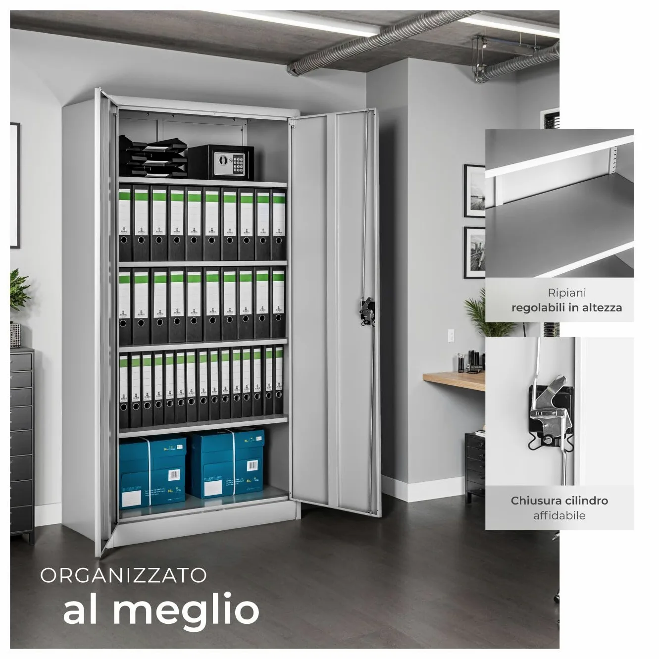 tectake® Armadio Porte Battenti, 180x80x40 cm, con 2 Ante e 5 Ripiani, Mobile con Serratura Chiave, Armadietto Portadocumenti e Faldoni per Ufficio in Metallo, Mobili Ufficio, Archivio - Grigio