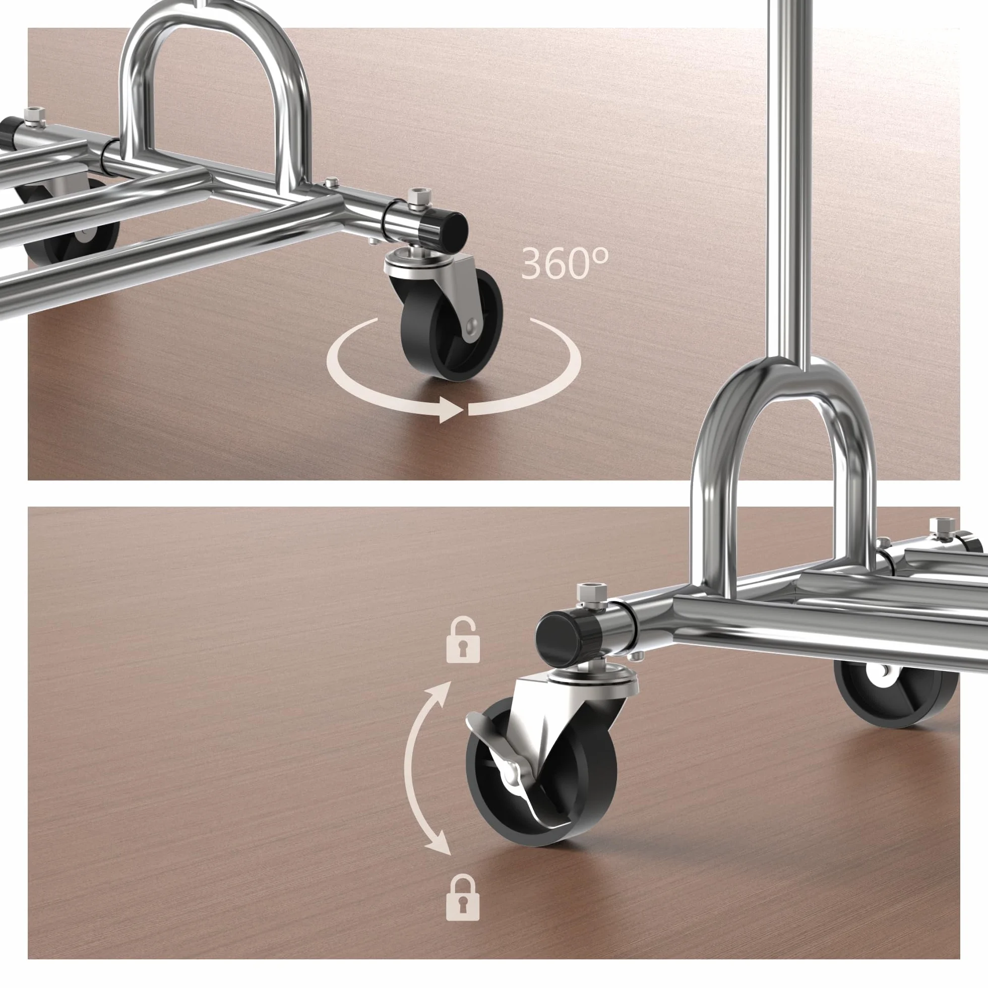 PORTENTUM Stand appendiabiti da terra robusto estensibile con ruote e freni – Fino a 180 kg – Porta abiti in acciaio 45 x (92-132) x 161,5 cm – Ripiano inferiore