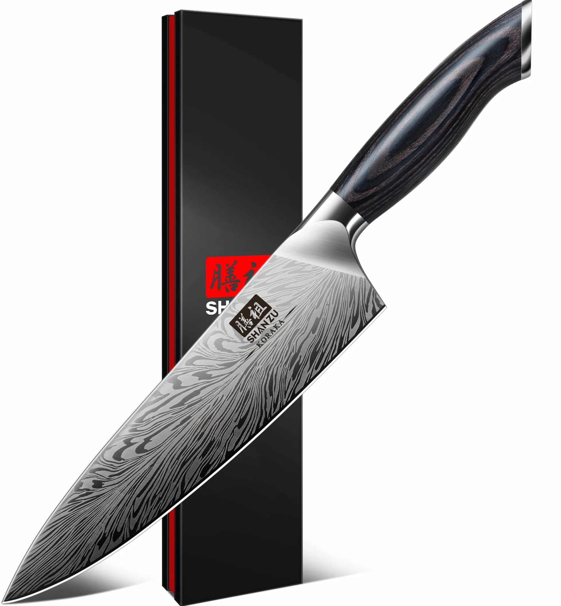 SHAN ZU Coltello da Chef in Acciaio a Polvere, Coltelli da Cucina Giapponese 20cm Professionali ad Alto Contenuto di Carbonio Ultra Affilato Coltello Multiuso con Manico Full Tang Pakkawood