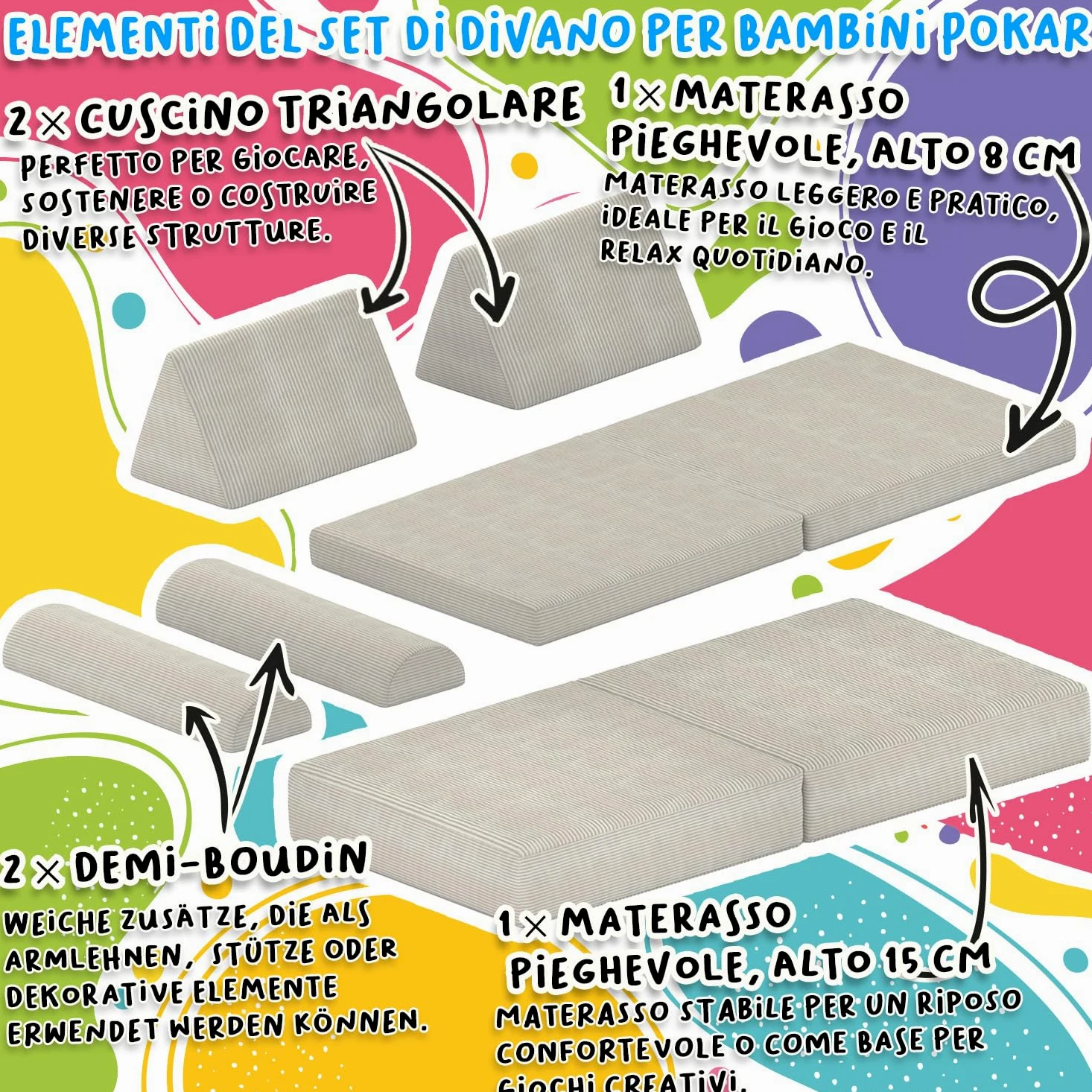 POKAR Divano Modulare per Bambini in Velluto Corduroy | Divano Bambini Trasformabile in Schiuma | Divano da Gioco per Cameretta Bambini | Certificato Oeko-TEX 100 | Laguna Azzurra