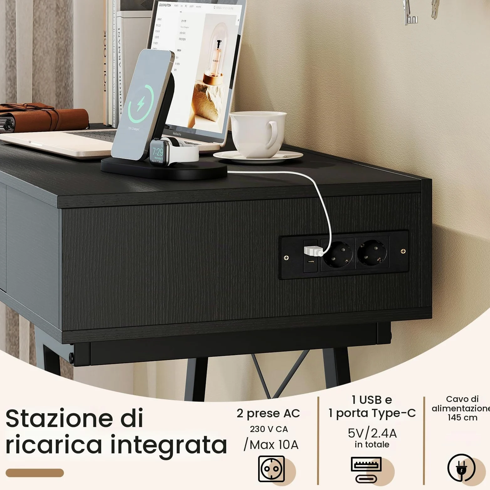 GIANTEX Tavolo da trucco con specchio pieghevole, con stazione di ricarica, cassetto, 6 scomparti per riporre oggetti, vassoio nascosto, scrivania da toeletta 2 in 1, per camera da letto, studio (nero