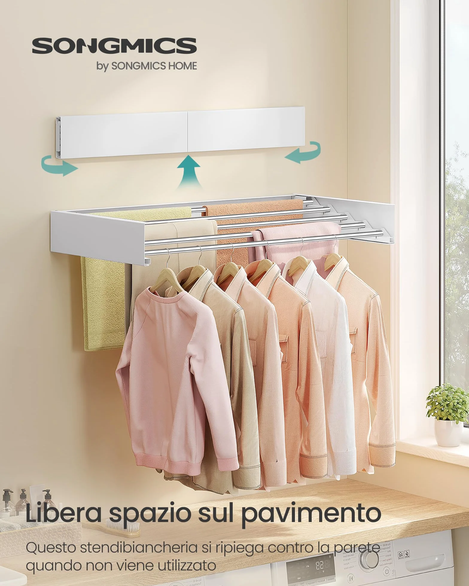 SONGMICS Stendibiancheria da Parete Pieghevole 5 Barre Alluminio 80 cm Bianco Opaco
