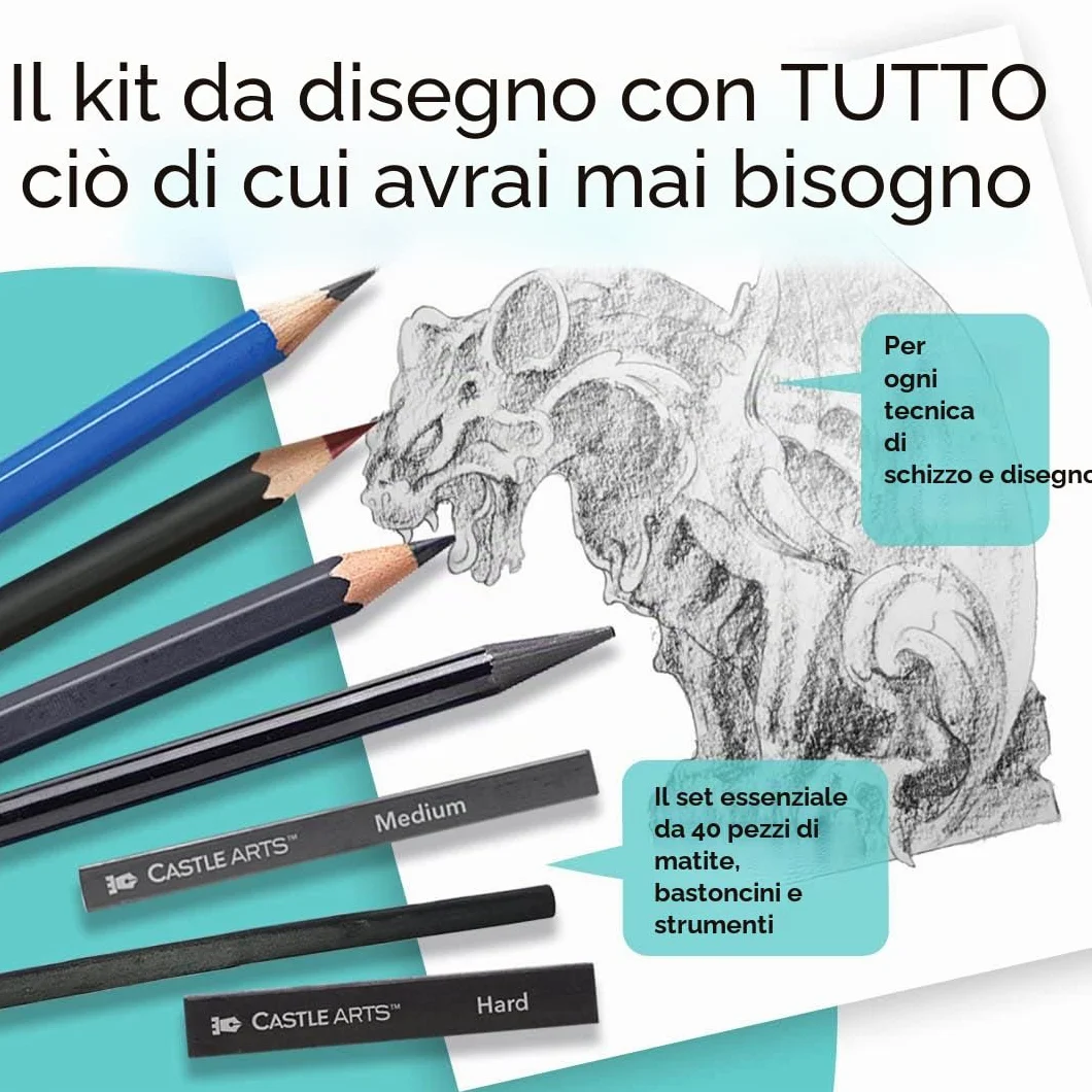 Castle Art Supplies Set 40 Pezzi per Disegno e Bozzetto Dotato di Guida | Per Artisti | Matite, Carboncini, Grafiti e Molto Altro | Con Custodia Cernierata di Trasporto