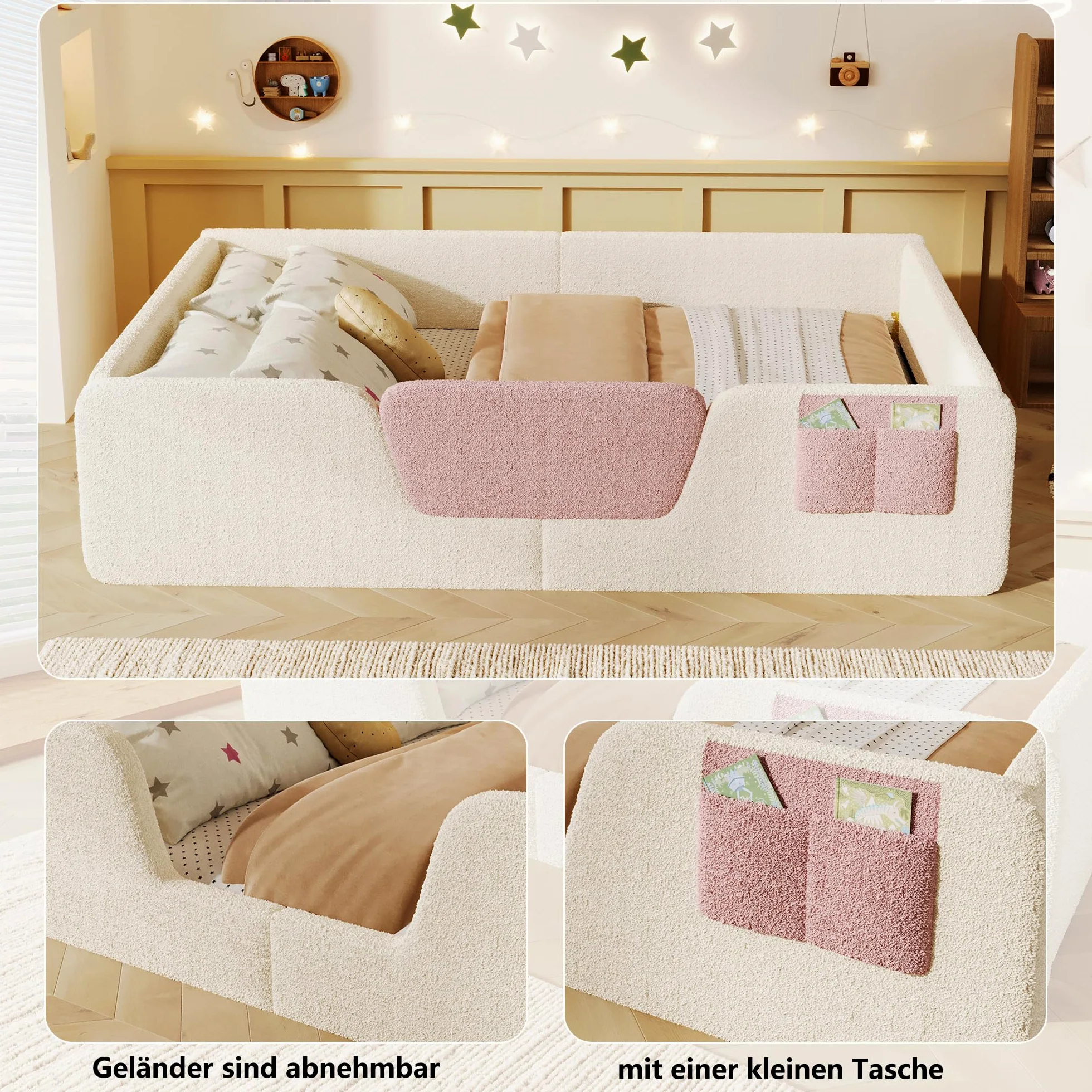 Montessori Letto a Terra per Bambini 140x190cm, Letto Piazza e Mezza per Bambini con Borsa Portaoggetti in Tessuto e Sponde di Sicurezza Removibili, Letto imbottito in Velluto(Senza Materasso) Beige