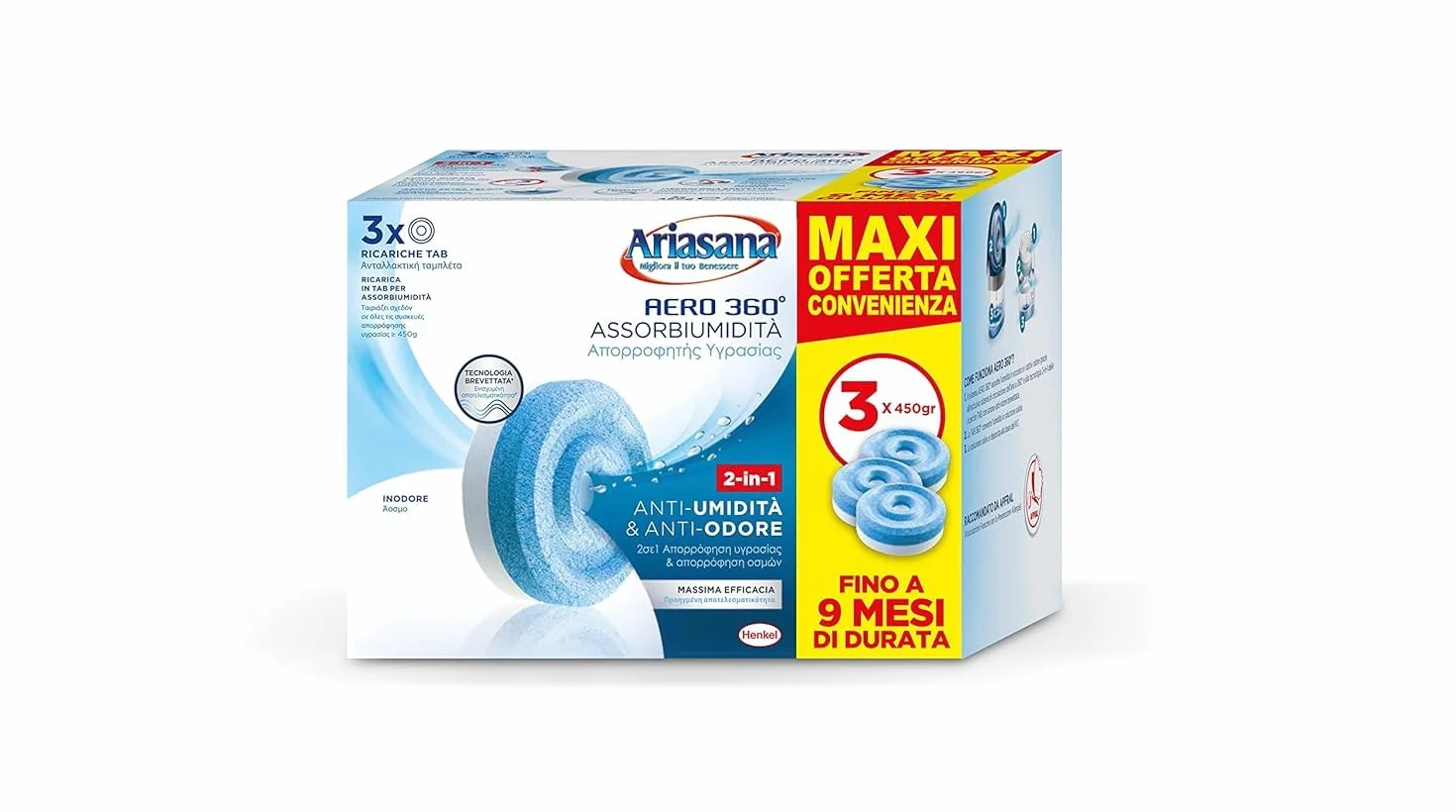 Ariasana Aero 360 Tab Inodore Tripack, Ariasana Aero 360° Ricarica per Dispositivi con Capacità ≥ 450g, Assorbi Umidità in Tab, Ricarica Tab contro i Cattivi Odori, 1 Confezione da 3 Tab da 450g