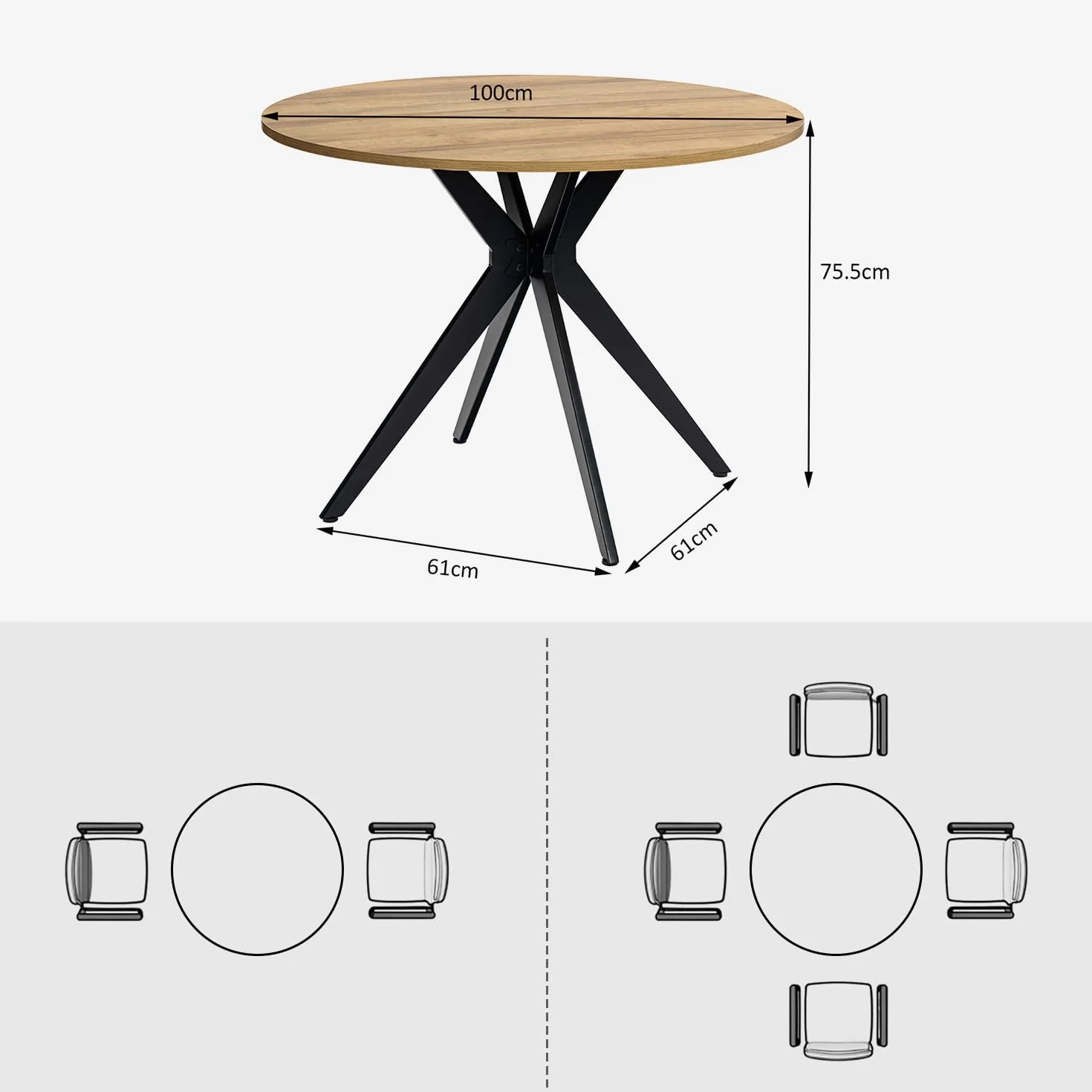 Tavolo da conferenza rotondo in rovere e nero, robusto, in legno e metallo, design compatto e professionale, ideale per riunioni di squadra in ufficio e progetti 100 x 100 x 75 cm