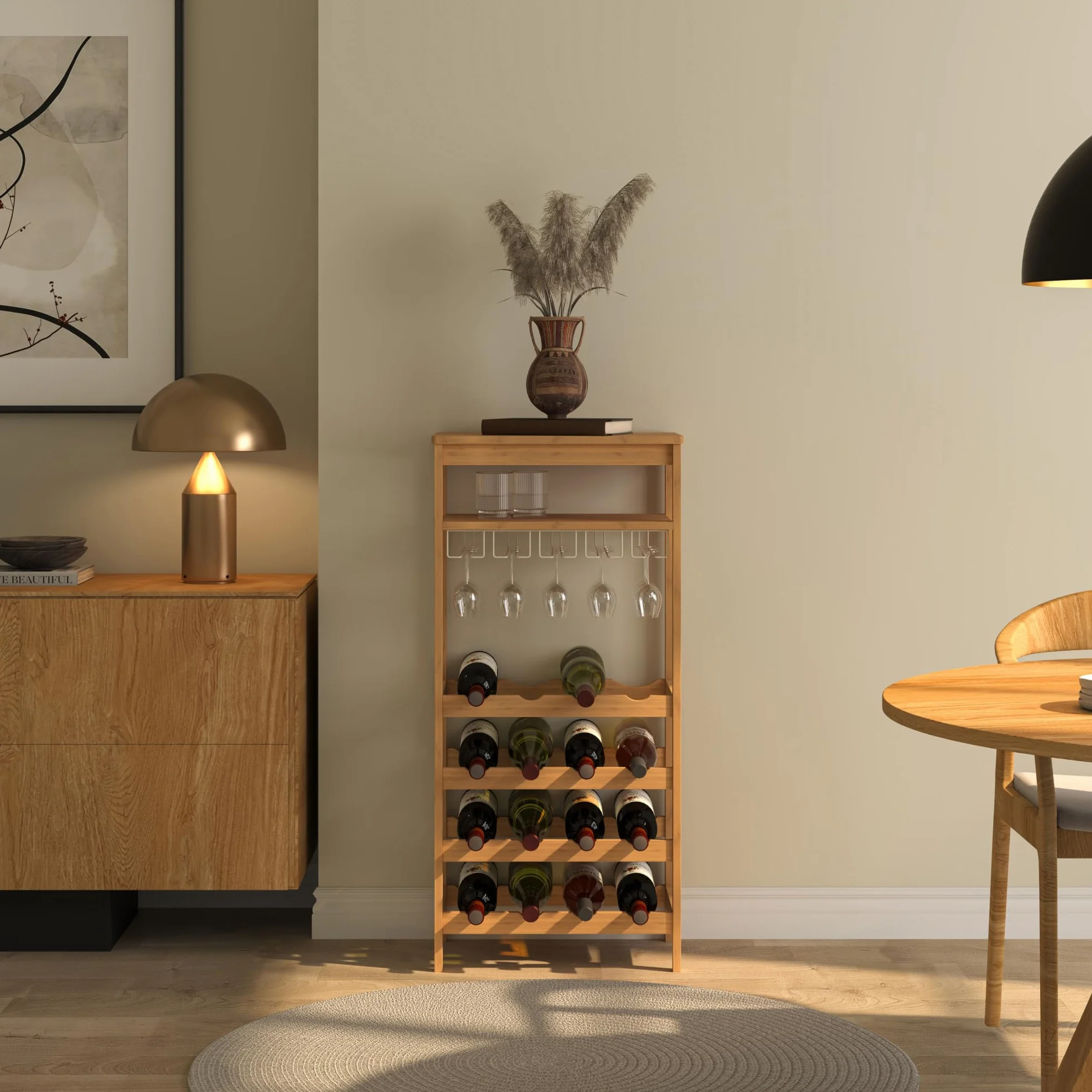 [en.casa] Cantinetta Mobile Portavino per 16 Bottiglie Scaffale Porta Bottiglie da Vino con Portabicchieri e Scomparto Aperto Soggiorno Sala da Pranzo 100 x 47 x 29 cm in Bambù Naturale