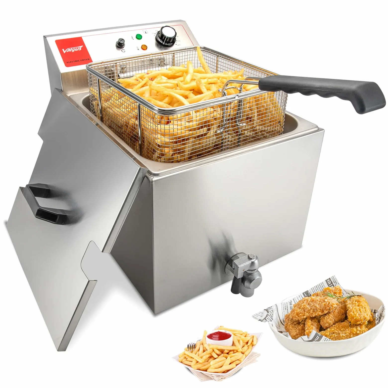 Valgus Friggitrice Elettrica Professionale in acciaio inox 3300W 16L Friggitrice da banco di grande capacità con cestello e coperchio, sistema di drenaggio
