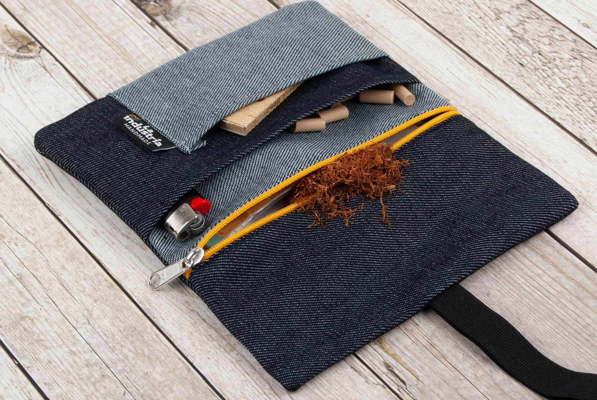 Portatabacco in Tessuto Jeans Denim Astuccio Porta Tabacco Cartine Filtri Accendino Cerniera Gialla