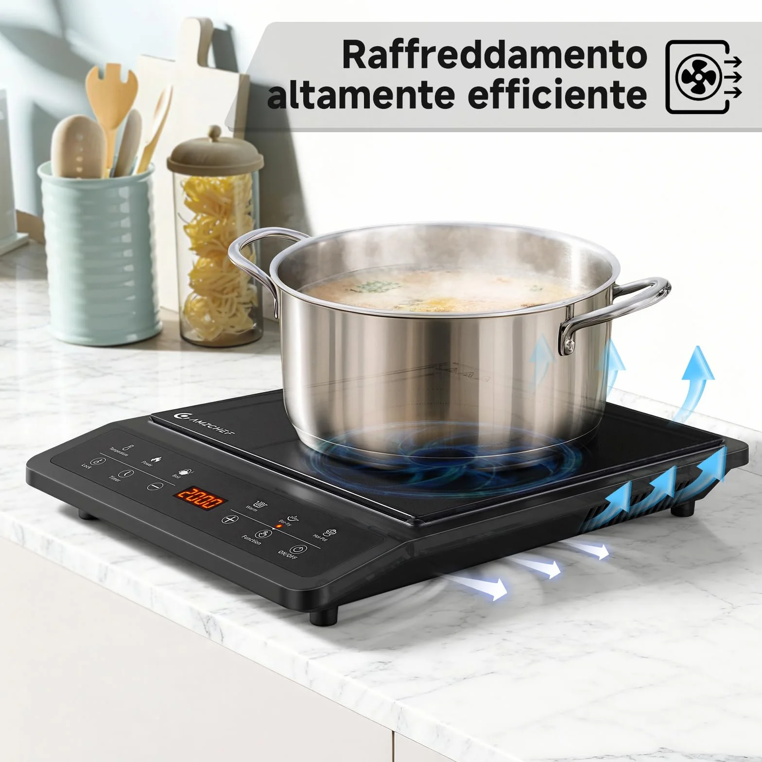 AMZCHEF Piastra a Induzione Portatile, 20 Impostazioni, Design Sottile, Ceramica Nera, Timer 3H