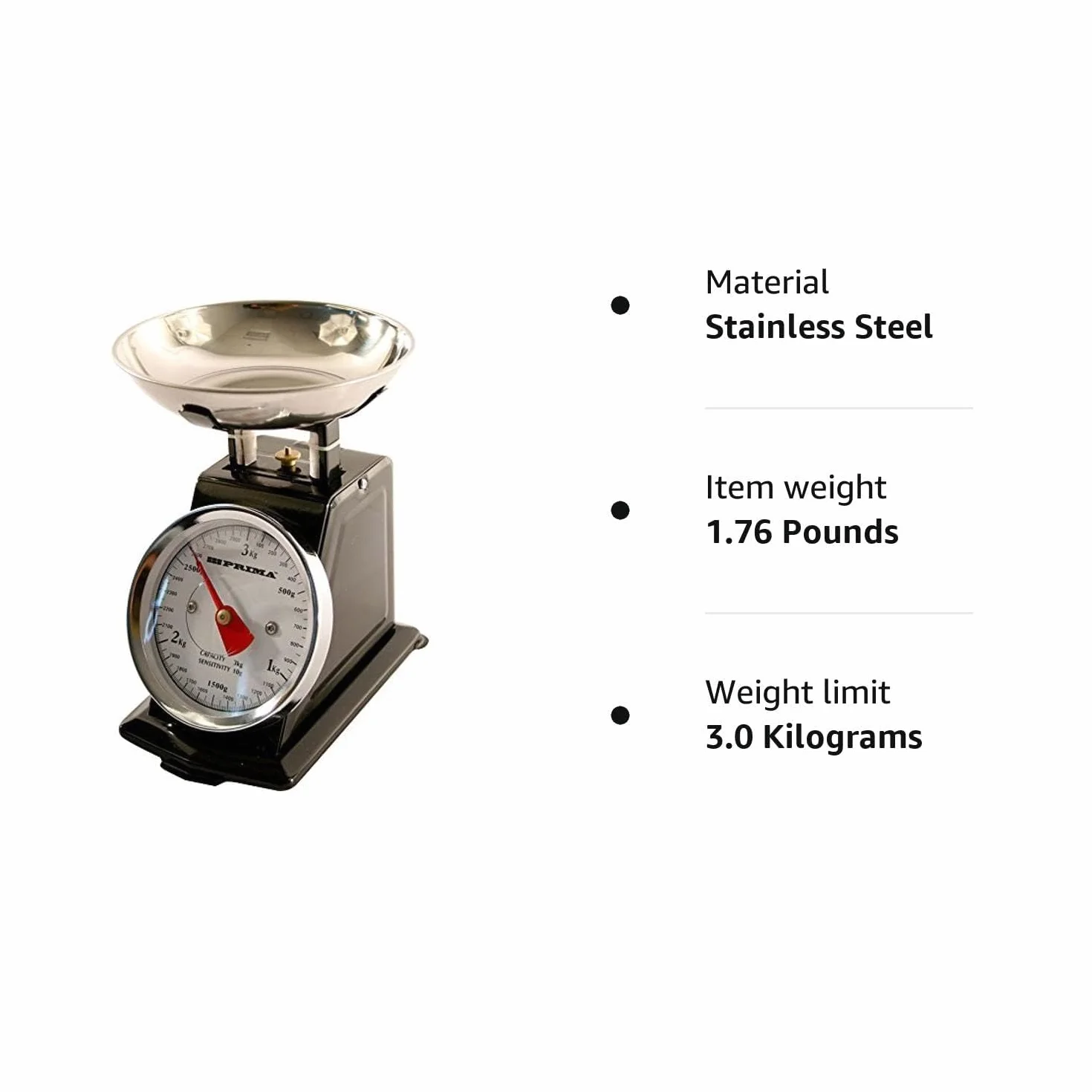 Bilancia meccanica da cucina, classica, in stile retrò, 3 kg, Nero