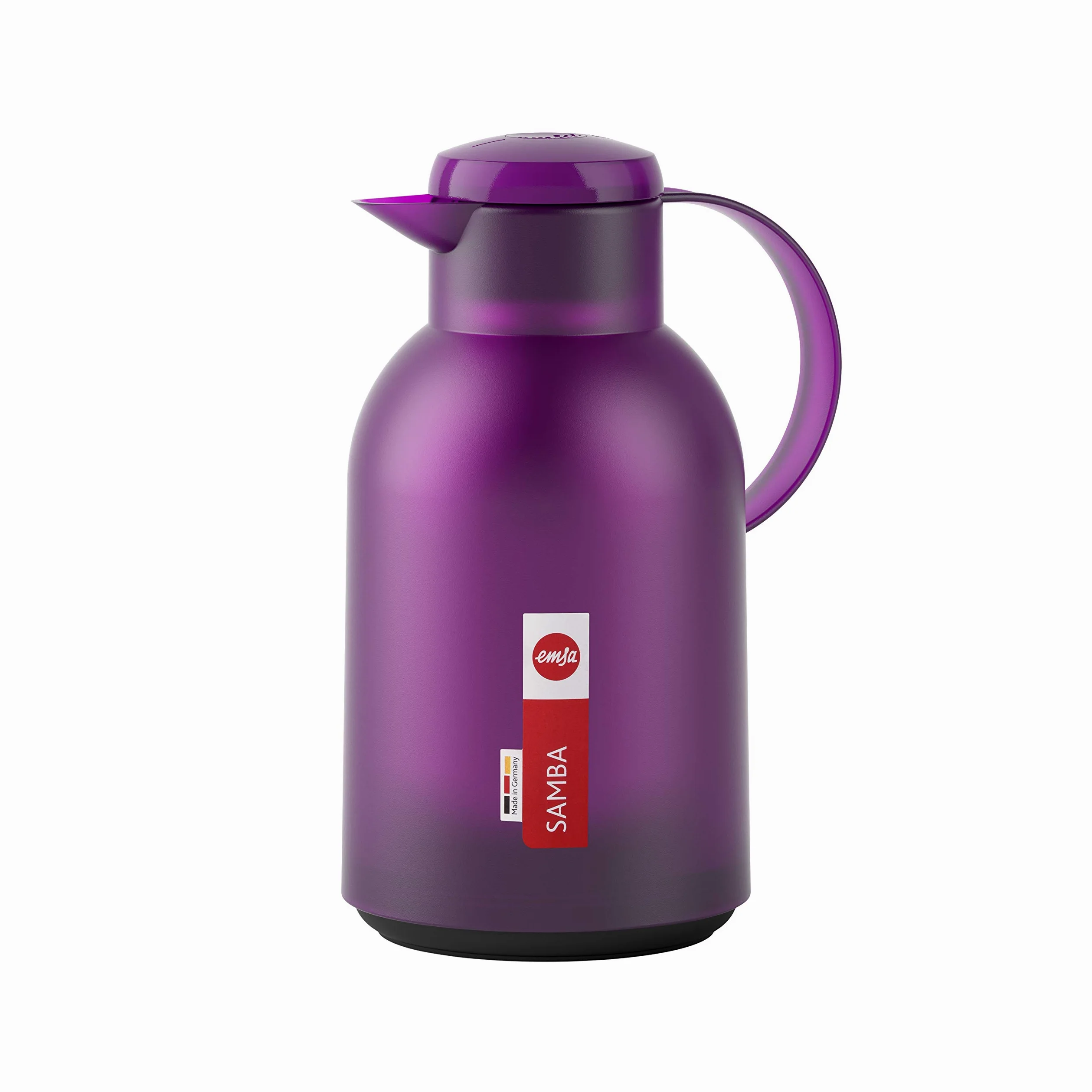 Emsa N40118 - Caraffa termica Samba, 1,5 litri, chiusura Quick Press, 12 ore, calda e fredda per 24 ore, traslucida/melanzana