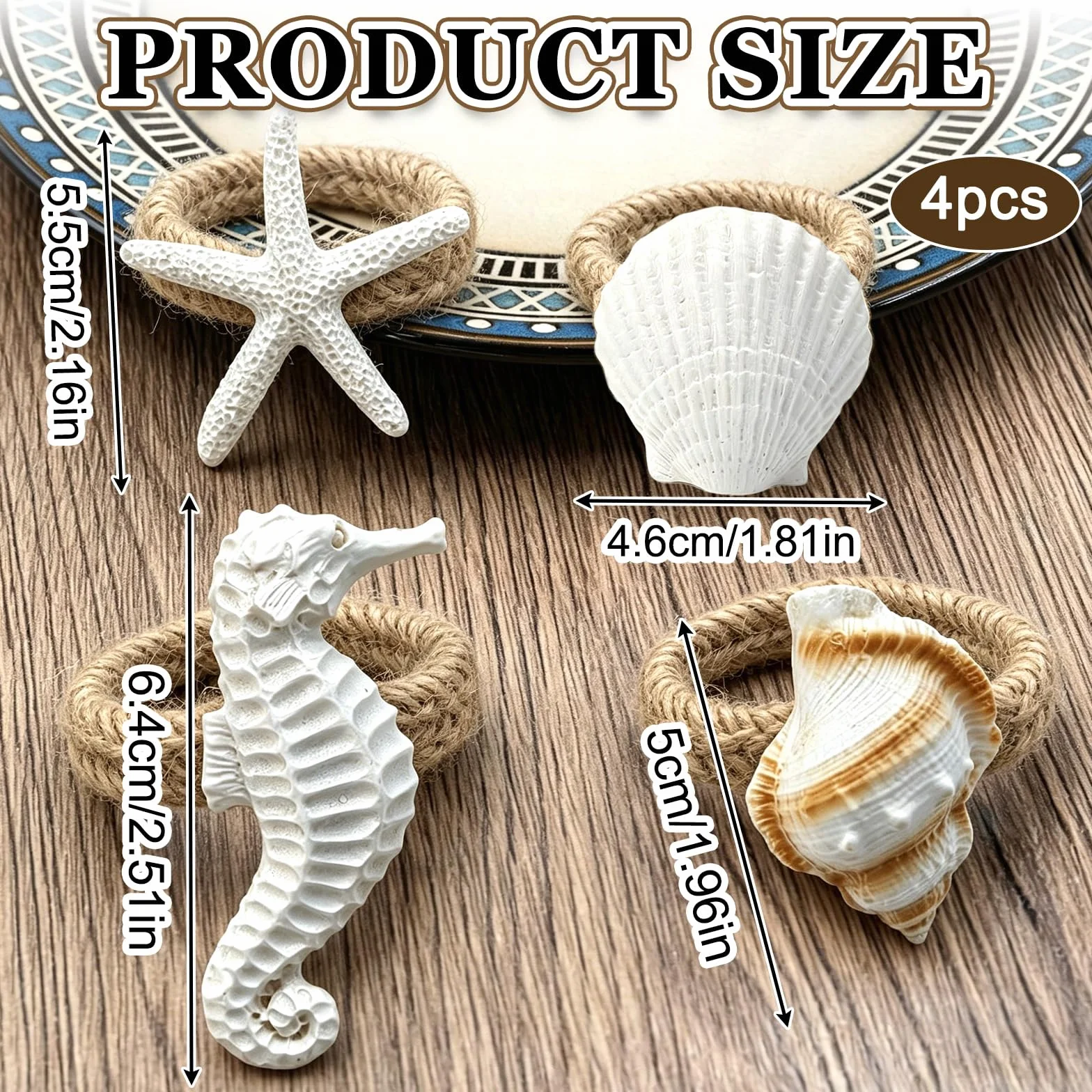 Set di 4 Portatovaglioli A Tema Oceano, Rustico In Stile Costiero Anelli Portatovaglioli In Juta, Stella Marina, Cavalluccio Marino, Conchiglia, Buccino per Cene, Feste, Decorazione Da Tavolo